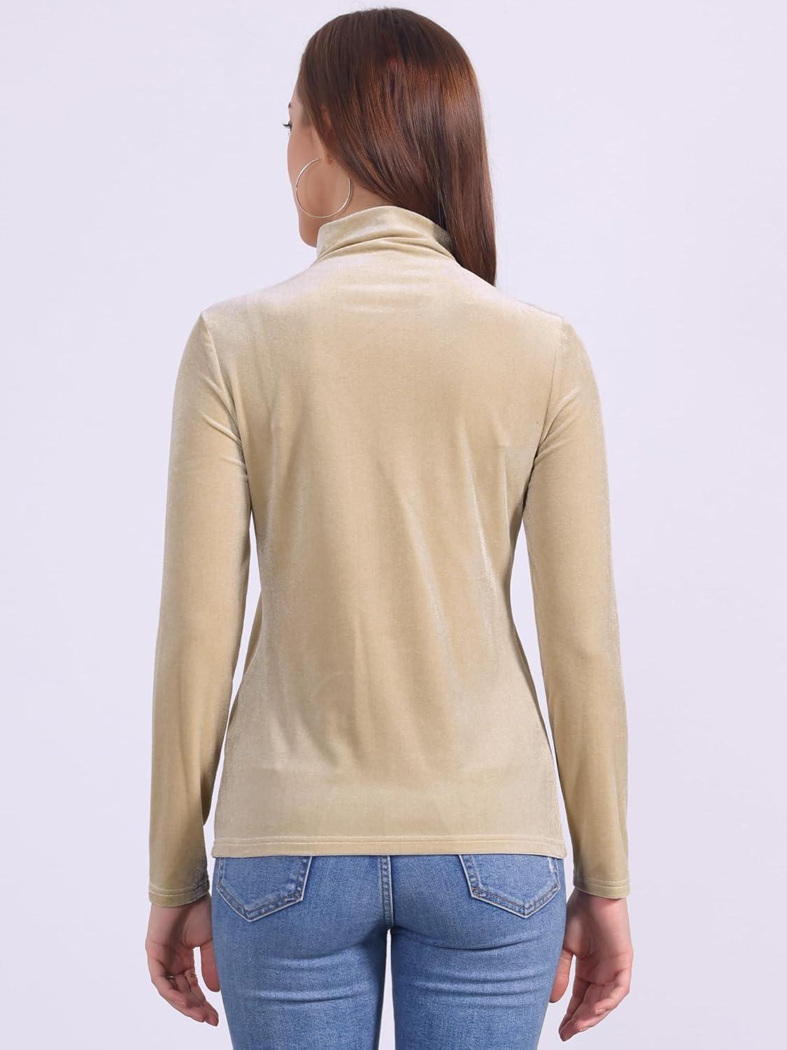 imageAllegra K Womens Turtleneck Velvet Top Long Sleeve Work Shirts Basic Velour BlouseApricot