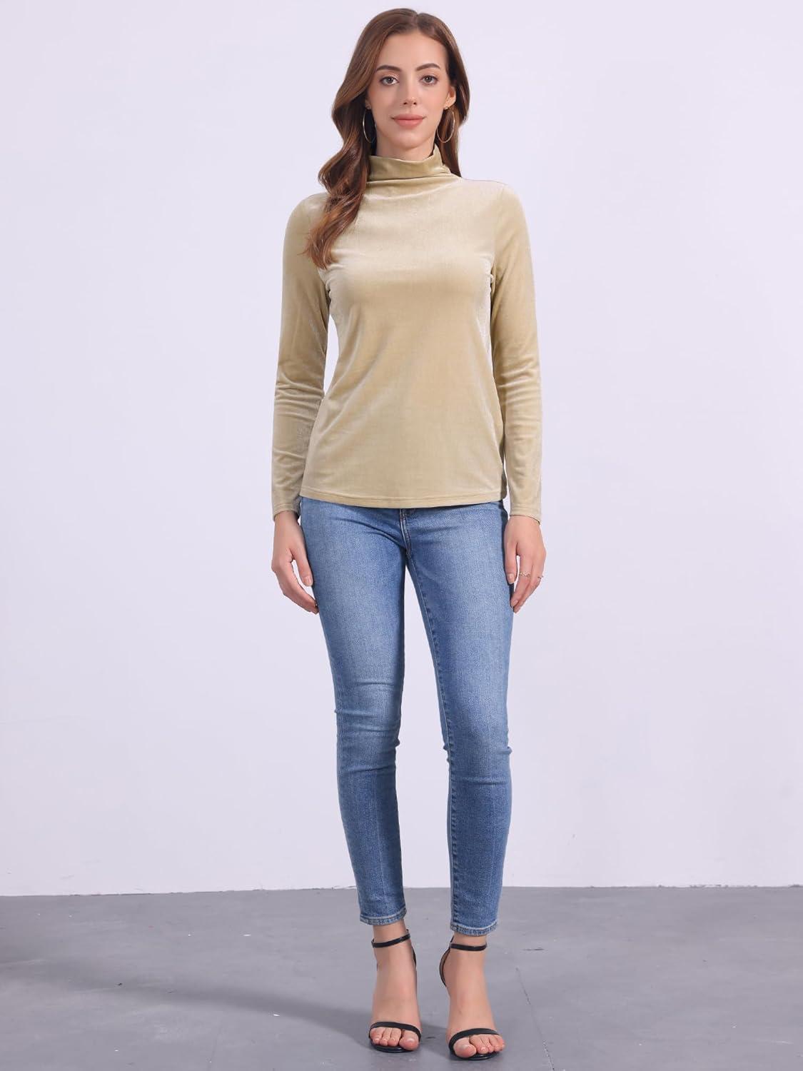 imageAllegra K Womens Turtleneck Velvet Top Long Sleeve Work Shirts Basic Velour BlouseApricot