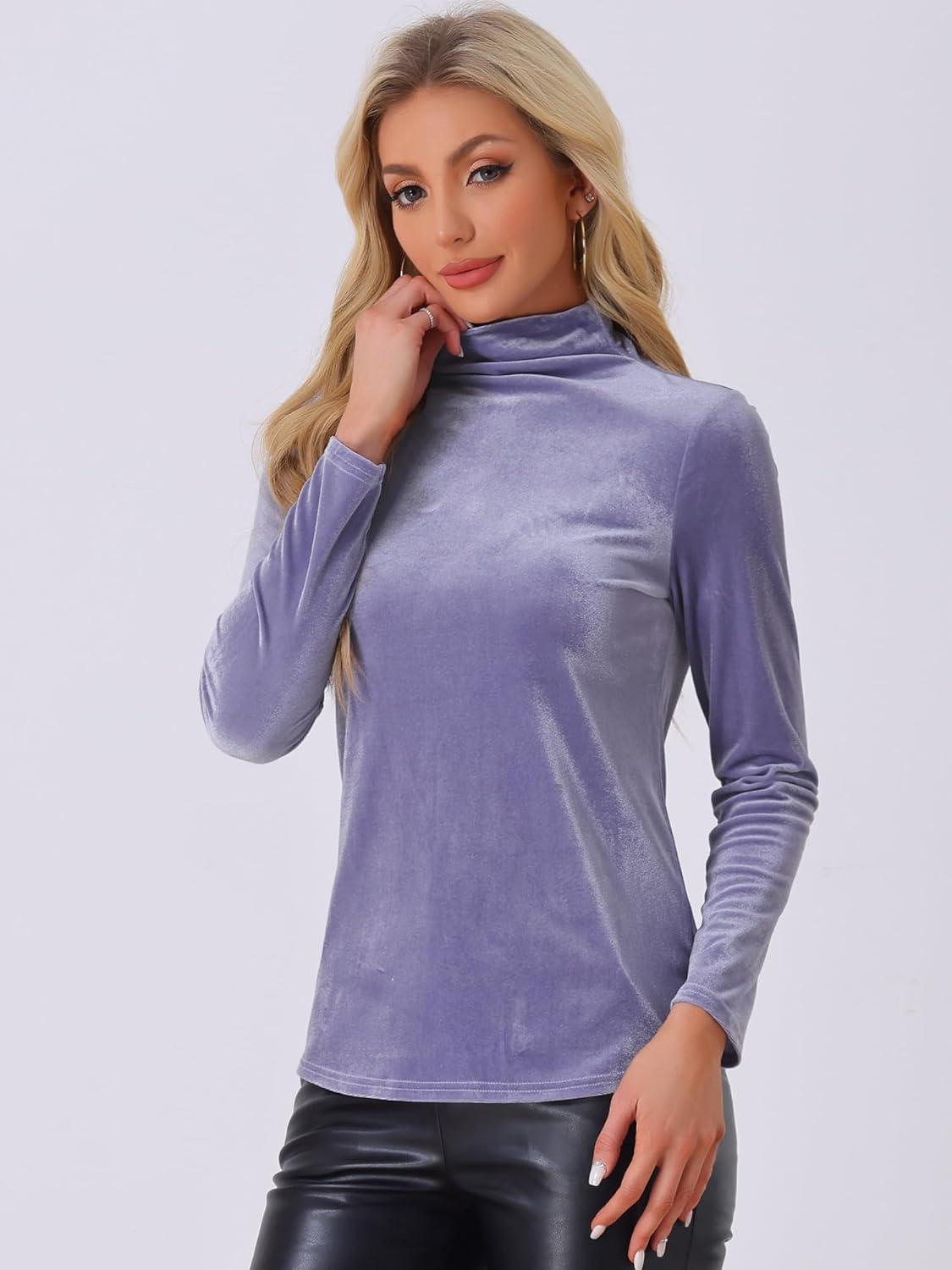 imageAllegra K Womens Turtleneck Velvet Top Long Sleeve Work Shirts Basic Velour BlouseBlue Purple