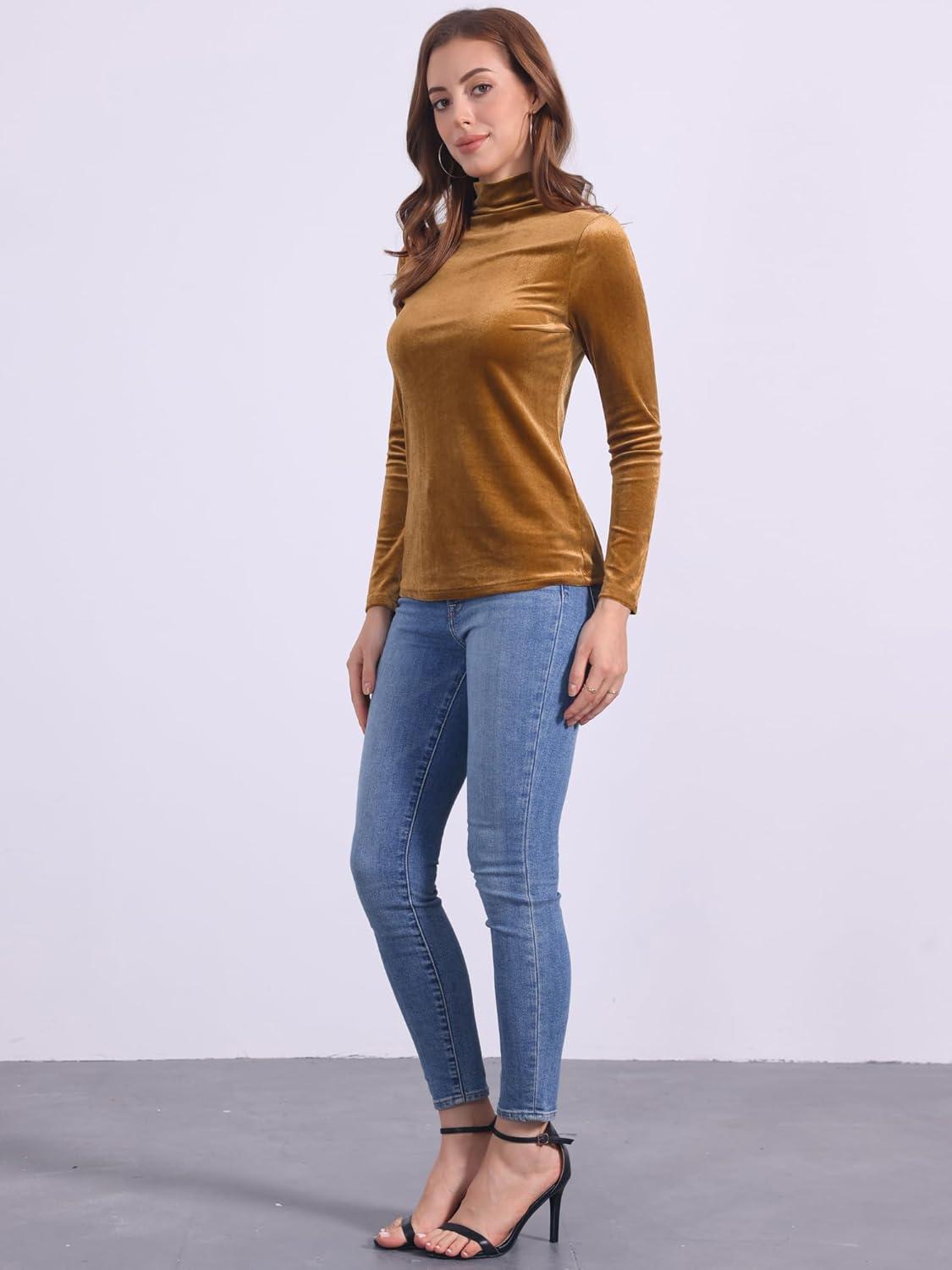 imageAllegra K Womens Turtleneck Velvet Top Long Sleeve Work Shirts Basic Velour BlouseBrown