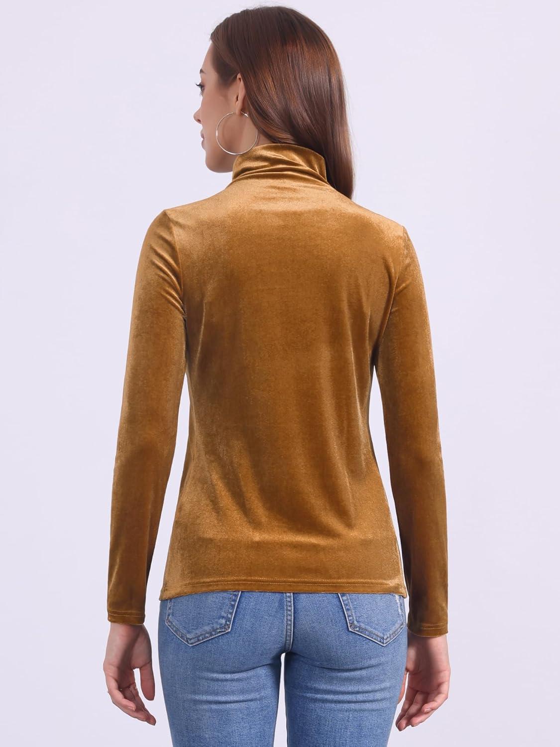 imageAllegra K Womens Turtleneck Velvet Top Long Sleeve Work Shirts Basic Velour BlouseBrown