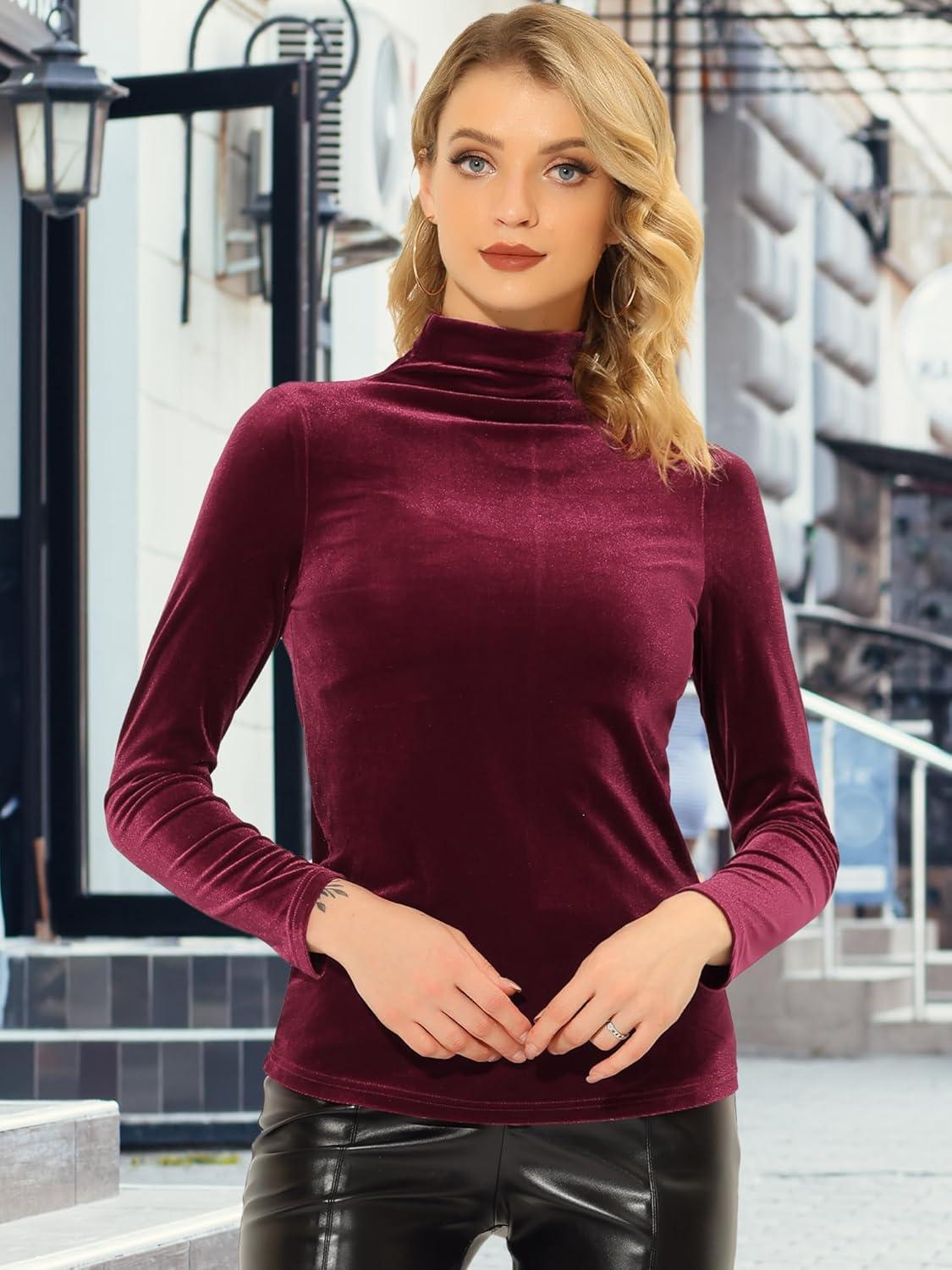 imageAllegra K Womens Turtleneck Velvet Top Long Sleeve Work Shirts Basic Velour BlouseBurgundy