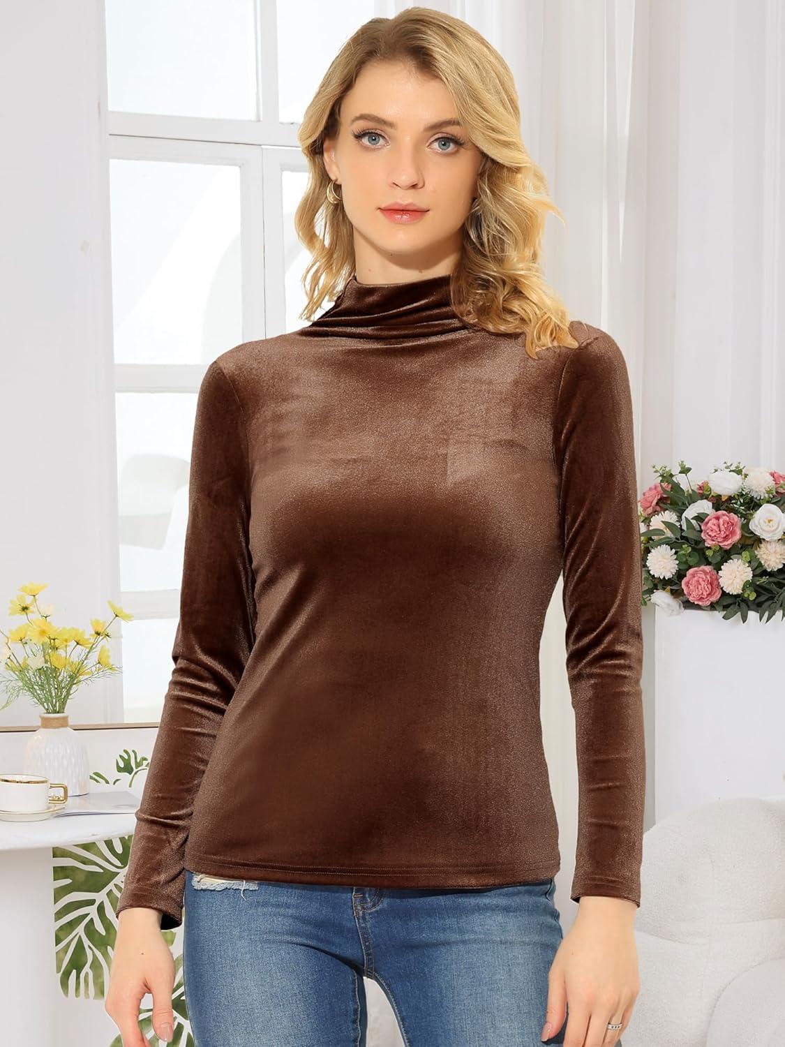 imageAllegra K Womens Turtleneck Velvet Top Long Sleeve Work Shirts Basic Velour BlouseCaramel