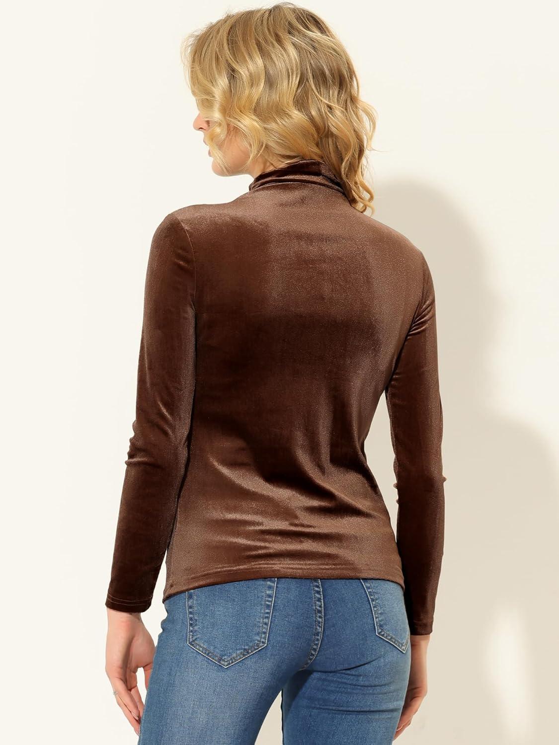 imageAllegra K Womens Turtleneck Velvet Top Long Sleeve Work Shirts Basic Velour BlouseCaramel