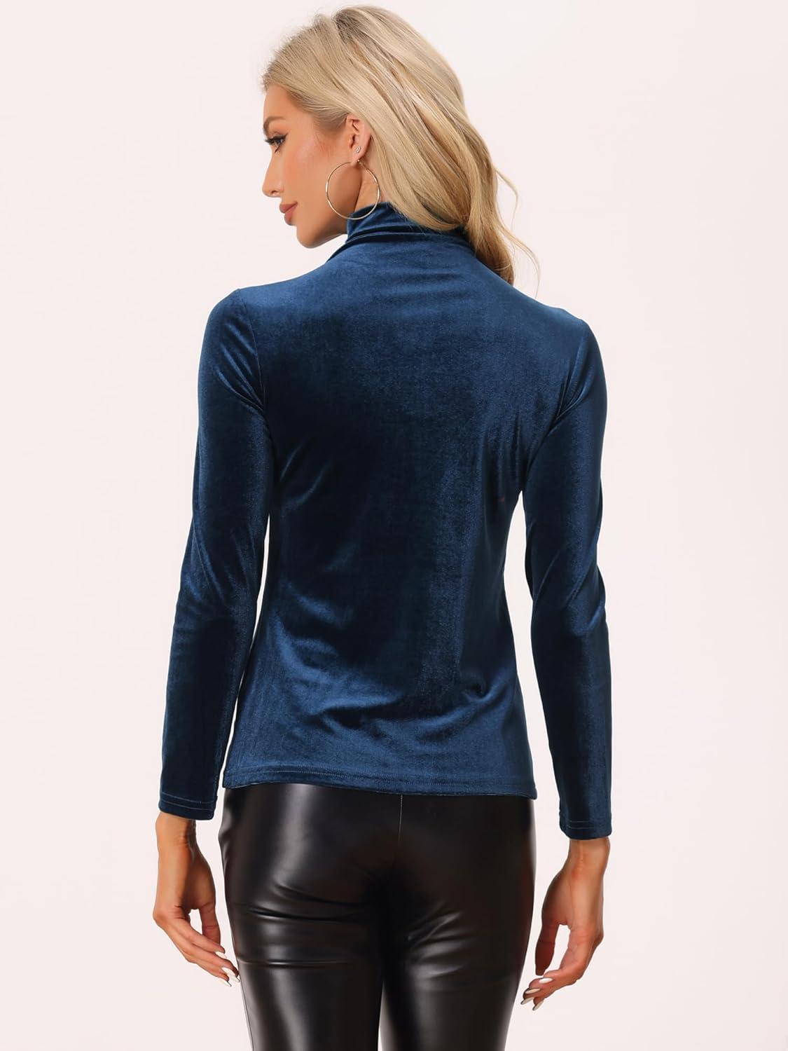 imageAllegra K Womens Turtleneck Velvet Top Long Sleeve Work Shirts Basic Velour BlouseDark Blue