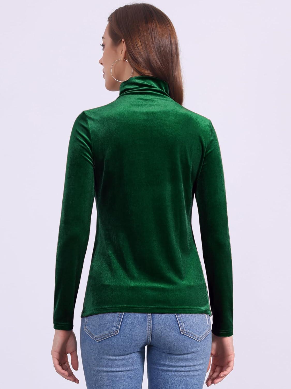 imageAllegra K Womens Turtleneck Velvet Top Long Sleeve Work Shirts Basic Velour BlouseDark Green