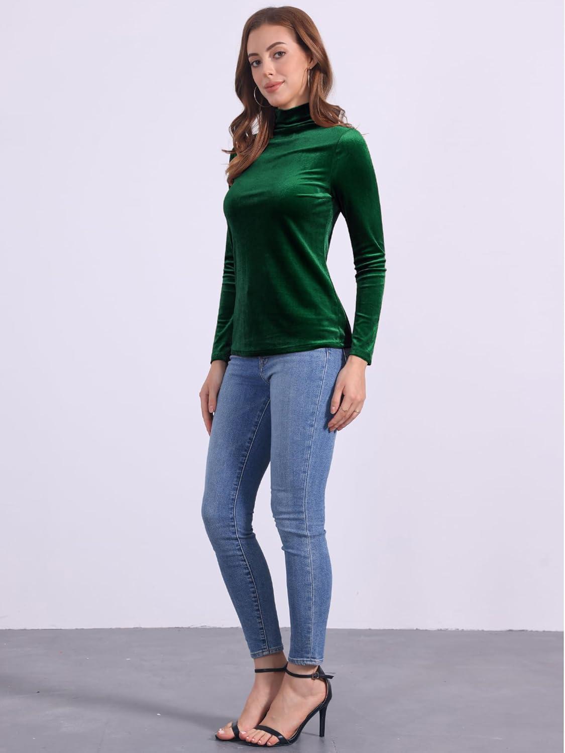 imageAllegra K Womens Turtleneck Velvet Top Long Sleeve Work Shirts Basic Velour BlouseDark Green