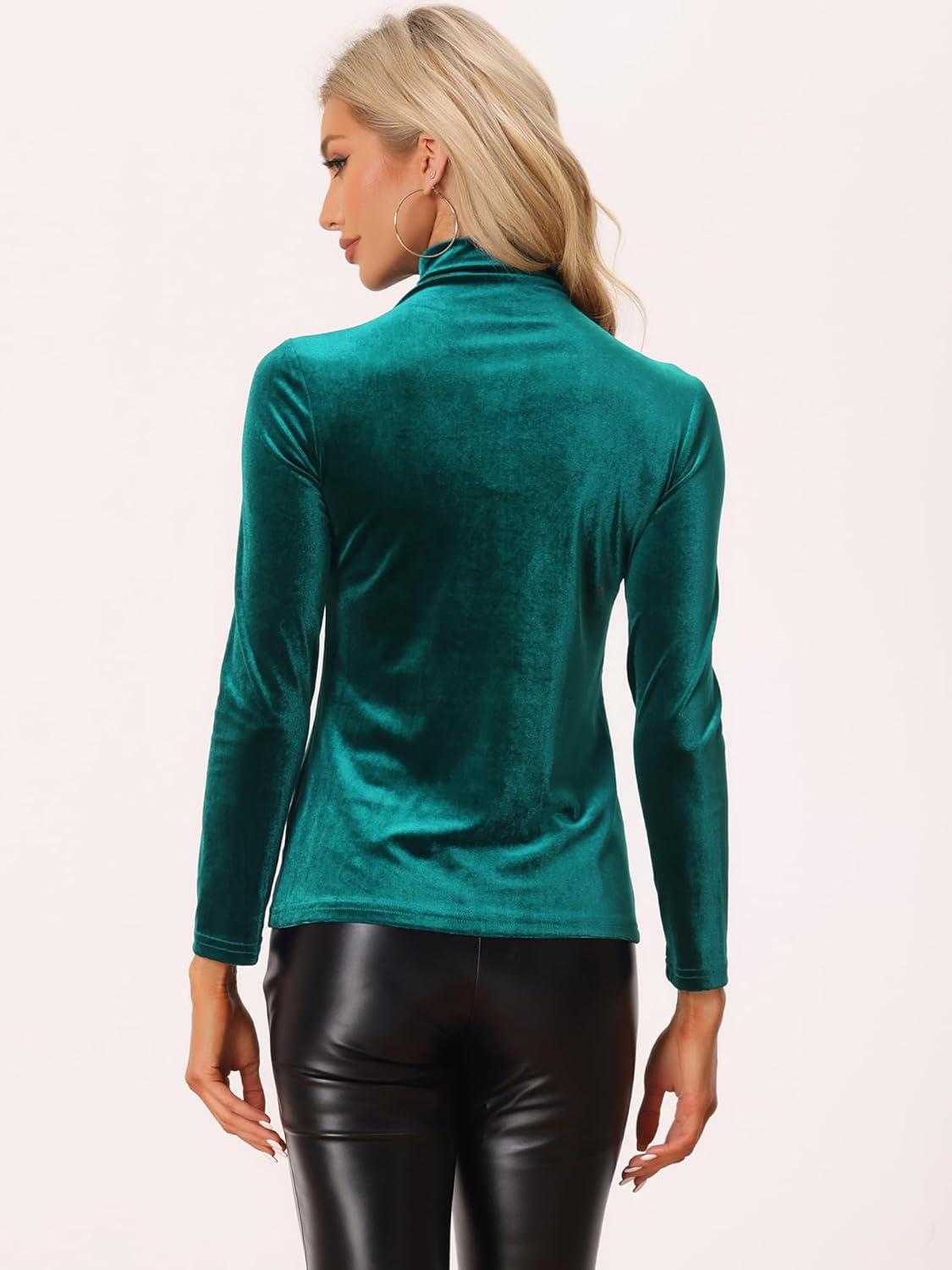 imageAllegra K Womens Turtleneck Velvet Top Long Sleeve Work Shirts Basic Velour BlouseGreen