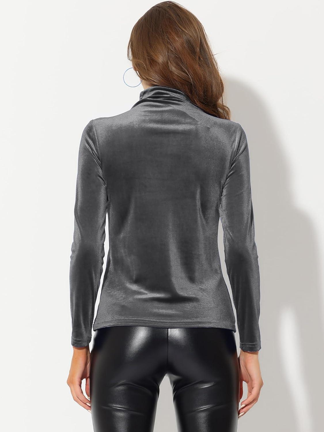 imageAllegra K Womens Turtleneck Velvet Top Long Sleeve Work Shirts Basic Velour BlouseGrey