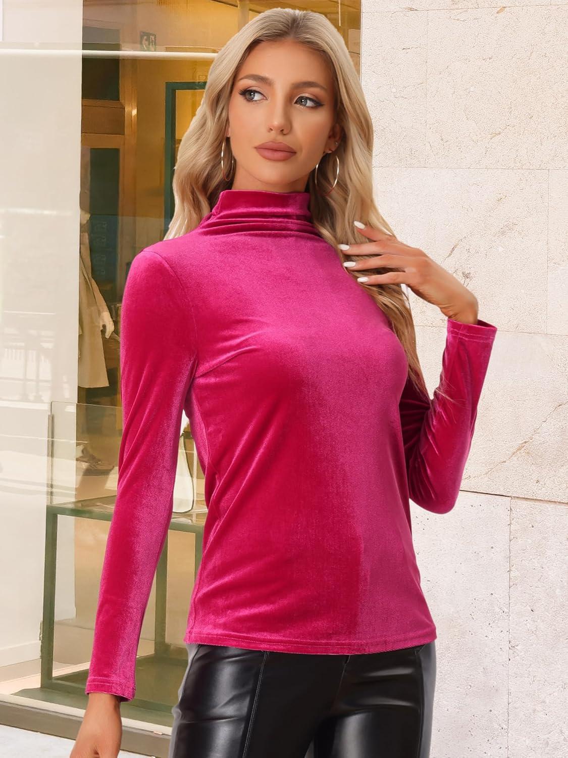 imageAllegra K Womens Turtleneck Velvet Top Long Sleeve Work Shirts Basic Velour BlouseHot Pink