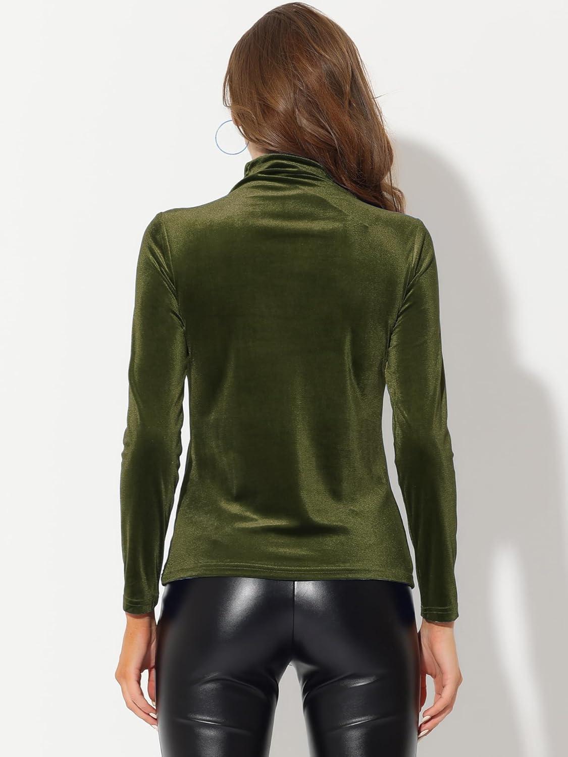 imageAllegra K Womens Turtleneck Velvet Top Long Sleeve Work Shirts Basic Velour BlouseOlive Green