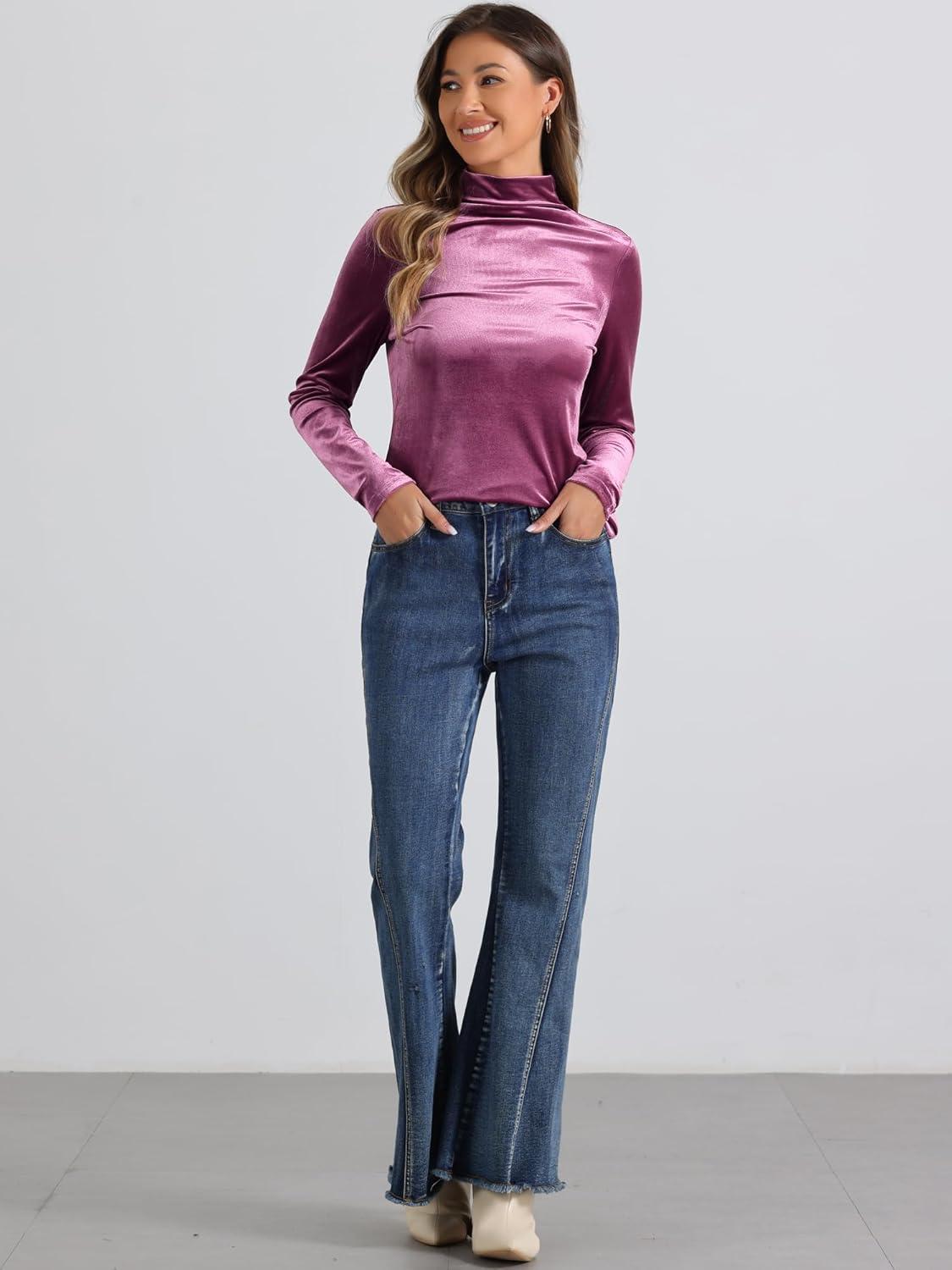 imageAllegra K Womens Turtleneck Velvet Top Long Sleeve Work Shirts Basic Velour BlousePink Purple