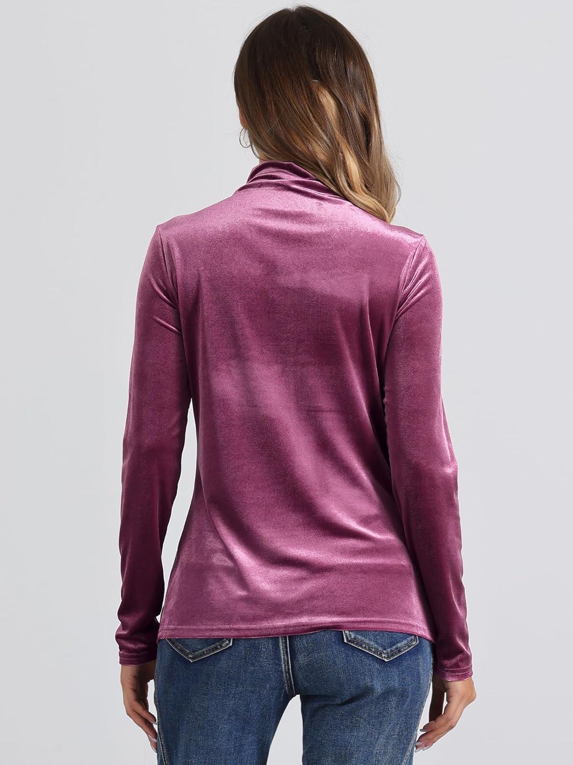 imageAllegra K Womens Turtleneck Velvet Top Long Sleeve Work Shirts Basic Velour BlousePink Purple