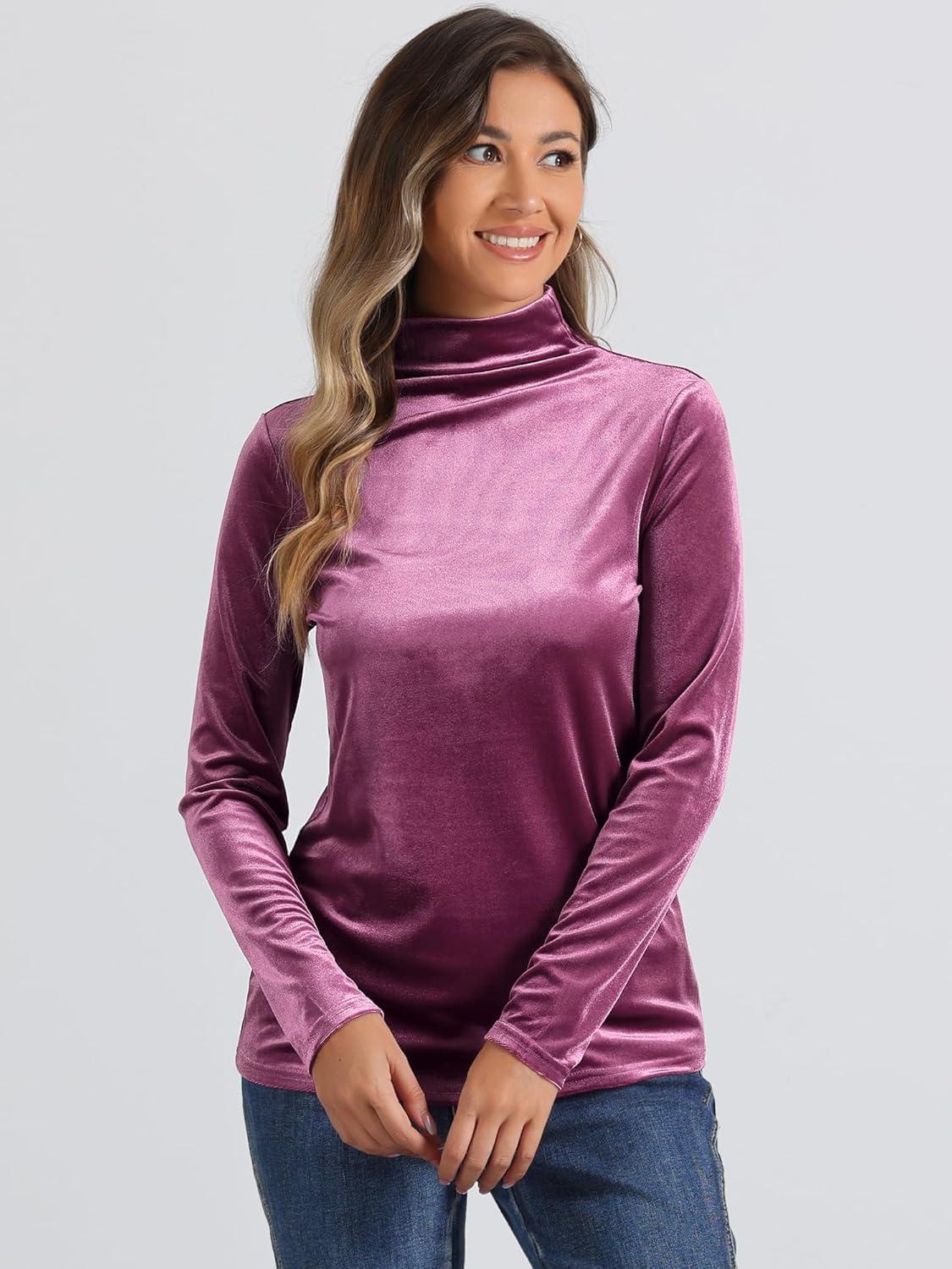 imageAllegra K Womens Turtleneck Velvet Top Long Sleeve Work Shirts Basic Velour BlousePink Purple