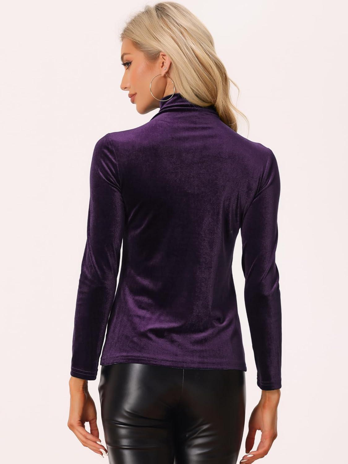 imageAllegra K Womens Turtleneck Velvet Top Long Sleeve Work Shirts Basic Velour BlousePurple