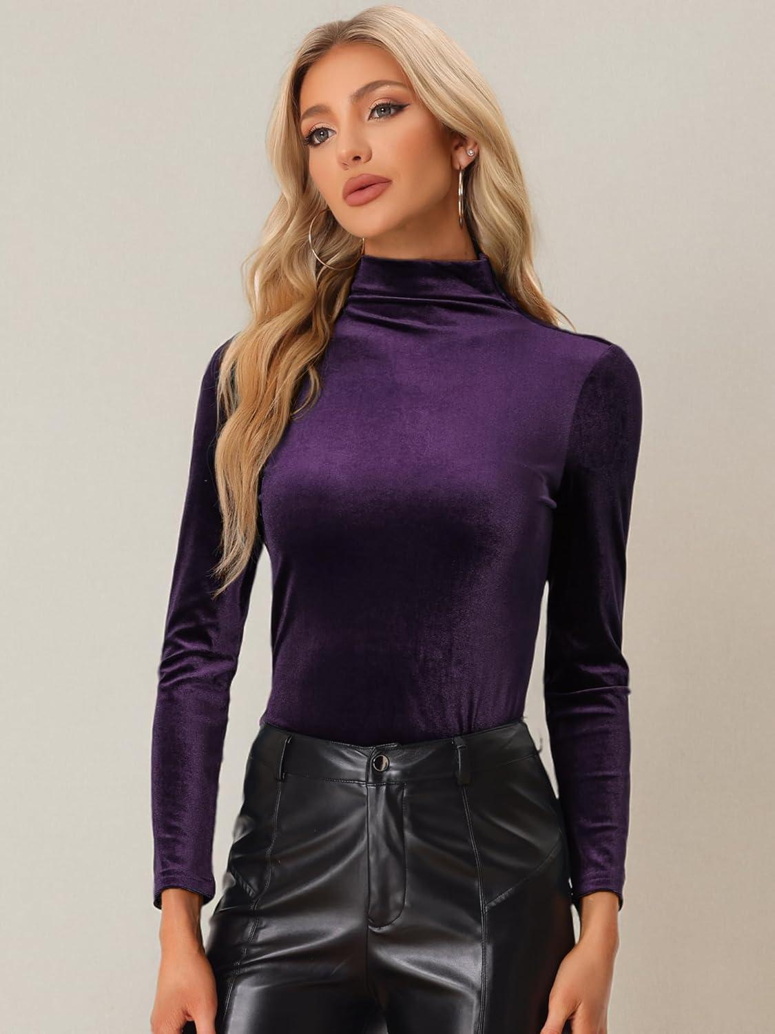 imageAllegra K Womens Turtleneck Velvet Top Long Sleeve Work Shirts Basic Velour BlousePurple