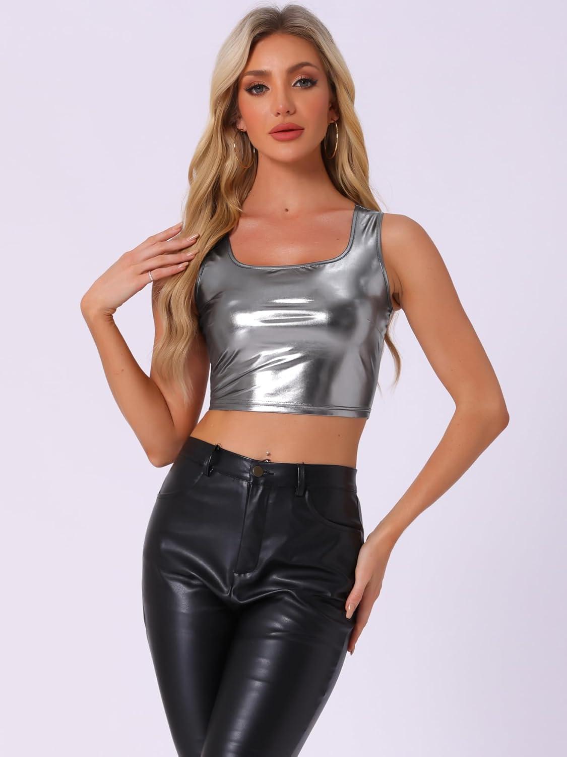 imageAllegra K Womens U Neck Sleeveless Halloween Party Clubwear Holographic Shiny Metallic Crop TopBlack Silver