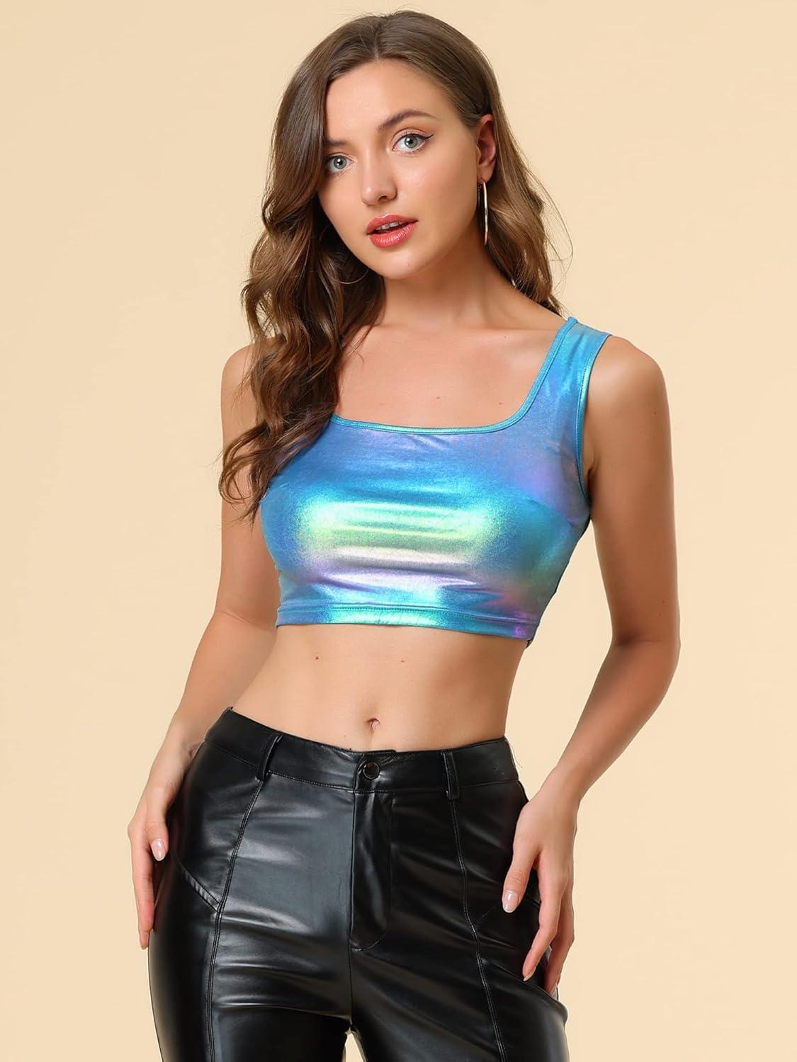 imageAllegra K Womens U Neck Sleeveless Halloween Party Clubwear Holographic Shiny Metallic Crop TopBlue Silver