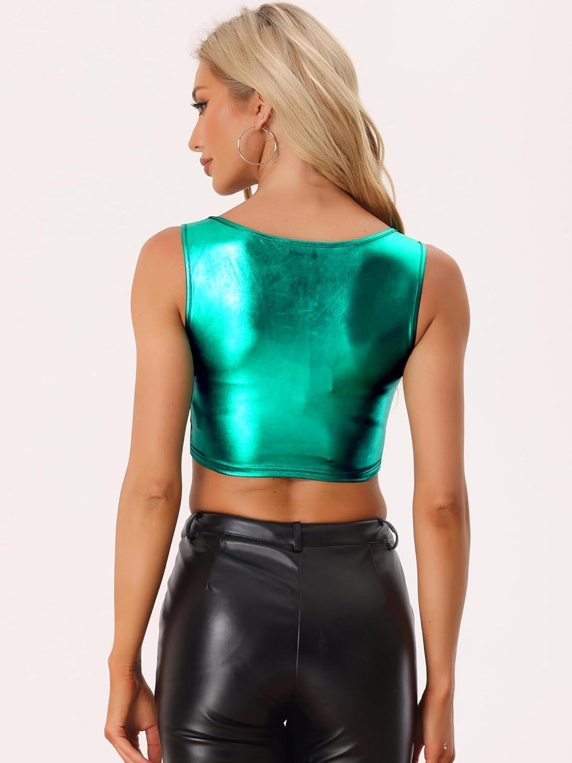 imageAllegra K Womens U Neck Sleeveless Halloween Party Clubwear Holographic Shiny Metallic Crop TopGreen