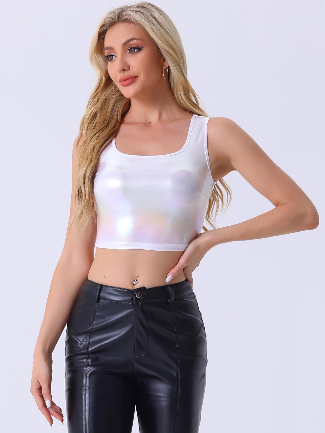 imageAllegra K Womens U Neck Sleeveless Halloween Party Clubwear Holographic Shiny Metallic Crop TopHolographic White