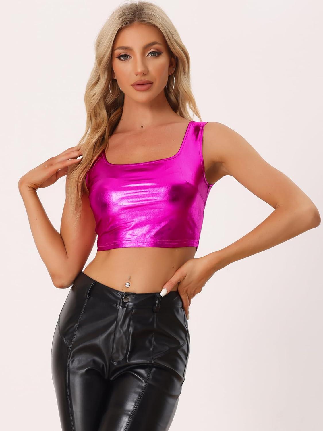 imageAllegra K Womens U Neck Sleeveless Halloween Party Clubwear Holographic Shiny Metallic Crop TopHot Pink