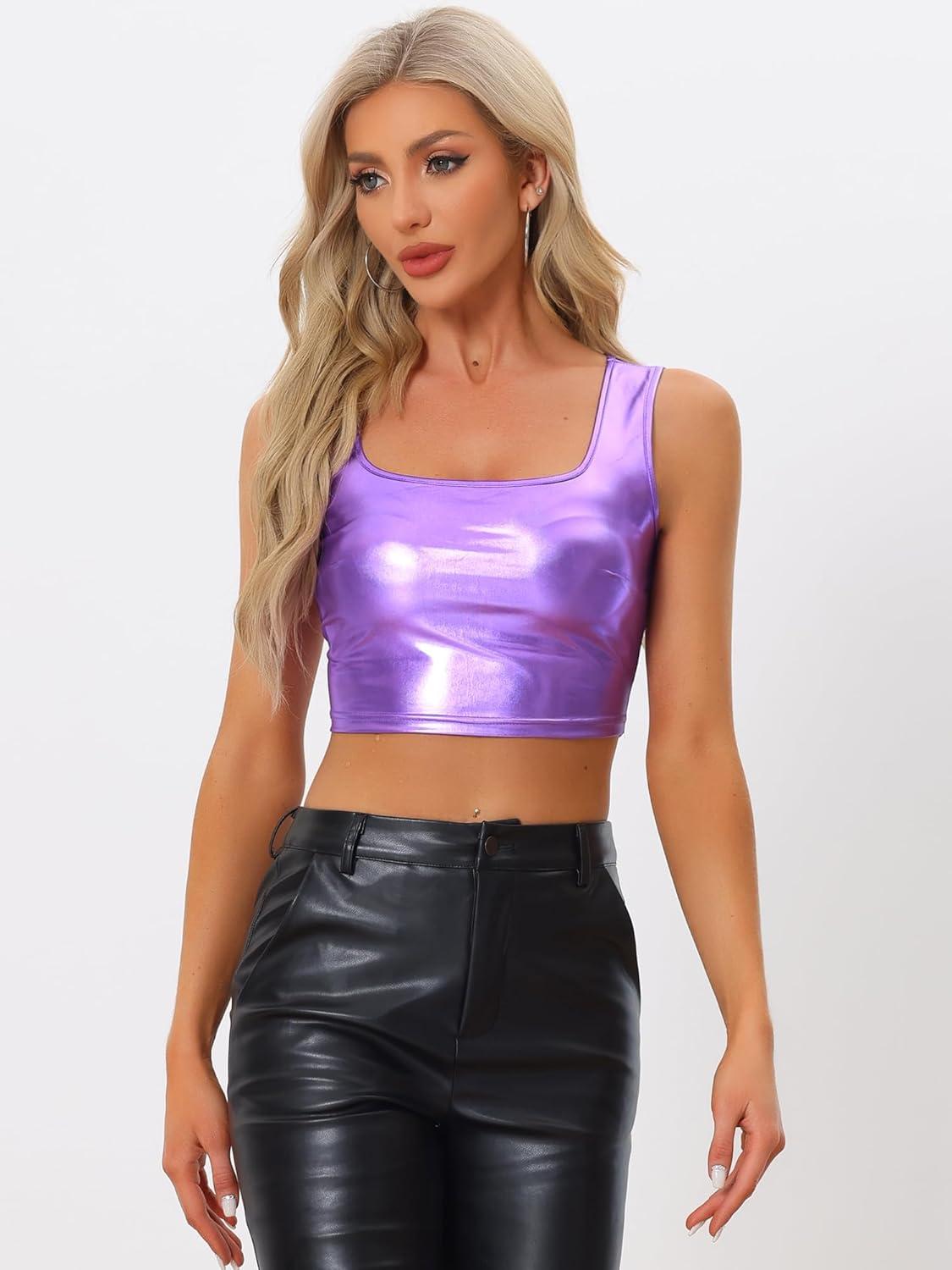 imageAllegra K Womens U Neck Sleeveless Halloween Party Clubwear Holographic Shiny Metallic Crop TopLavender