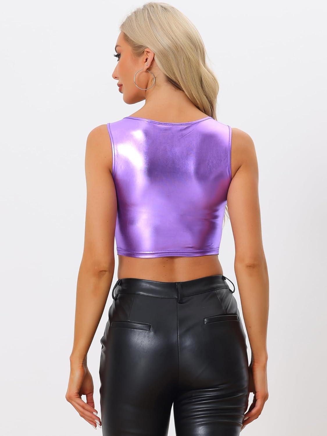imageAllegra K Womens U Neck Sleeveless Halloween Party Clubwear Holographic Shiny Metallic Crop TopLavender