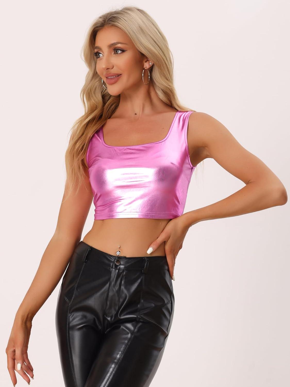imageAllegra K Womens U Neck Sleeveless Halloween Party Clubwear Holographic Shiny Metallic Crop TopPink