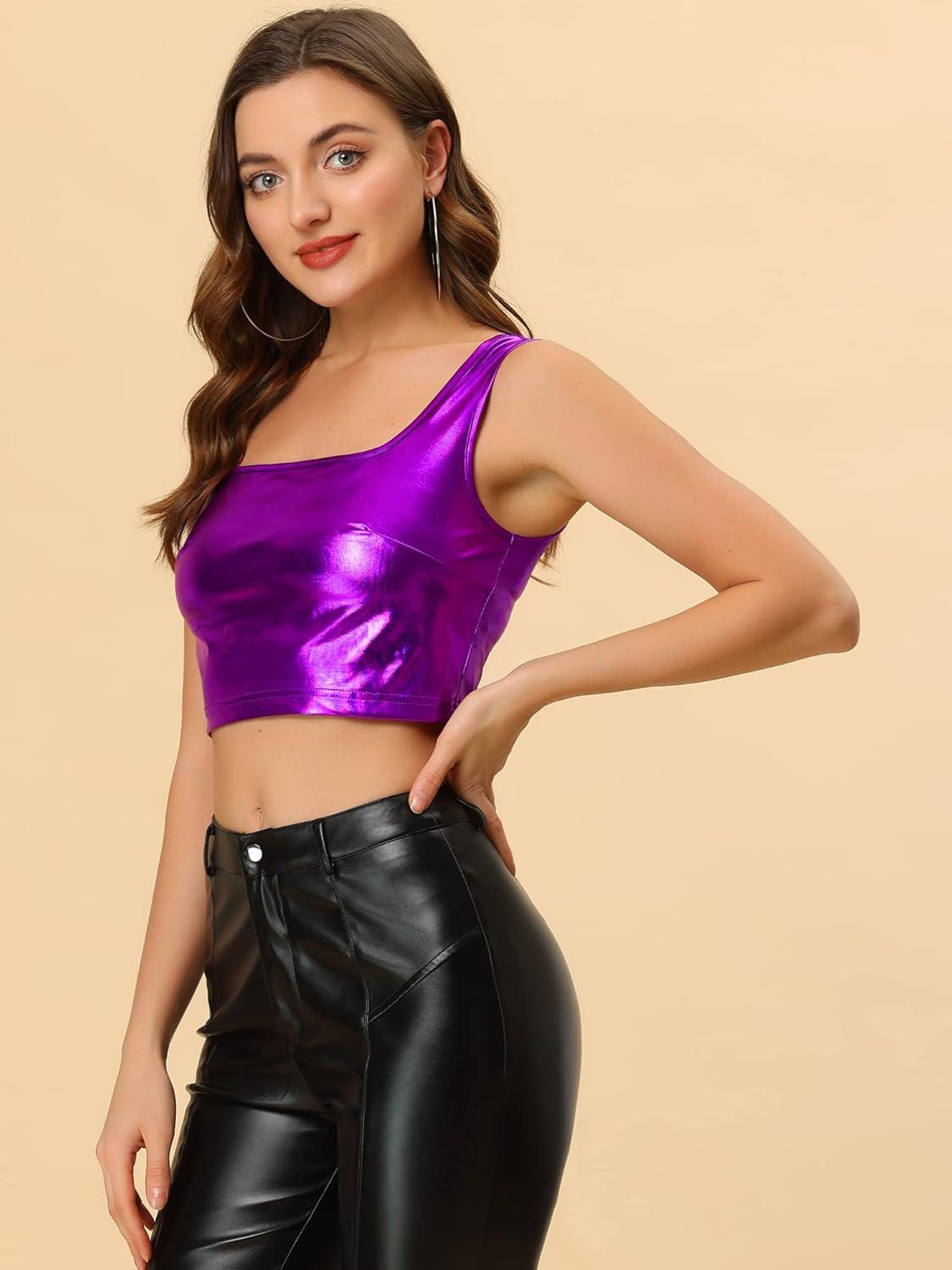imageAllegra K Womens U Neck Sleeveless Halloween Party Clubwear Holographic Shiny Metallic Crop TopPurple