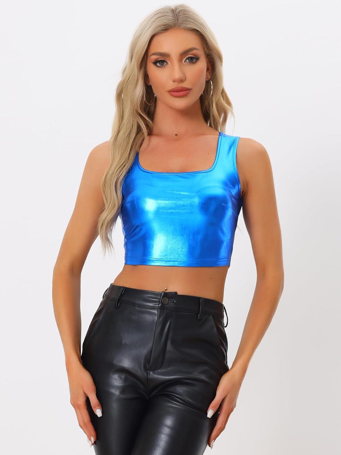 imageAllegra K Womens U Neck Sleeveless Halloween Party Clubwear Holographic Shiny Metallic Crop TopRoyal Blue