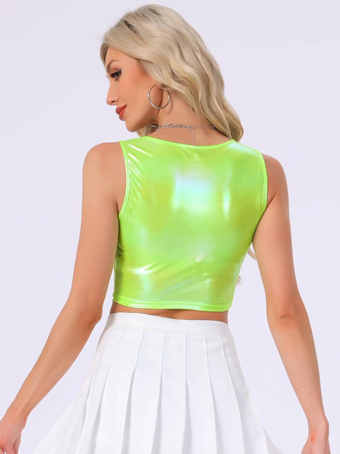imageAllegra K Womens U Neck Sleeveless Halloween Party Clubwear Holographic Shiny Metallic Crop TopShiny Yellow