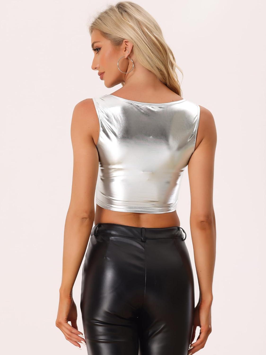 imageAllegra K Womens U Neck Sleeveless Halloween Party Clubwear Holographic Shiny Metallic Crop TopSilver