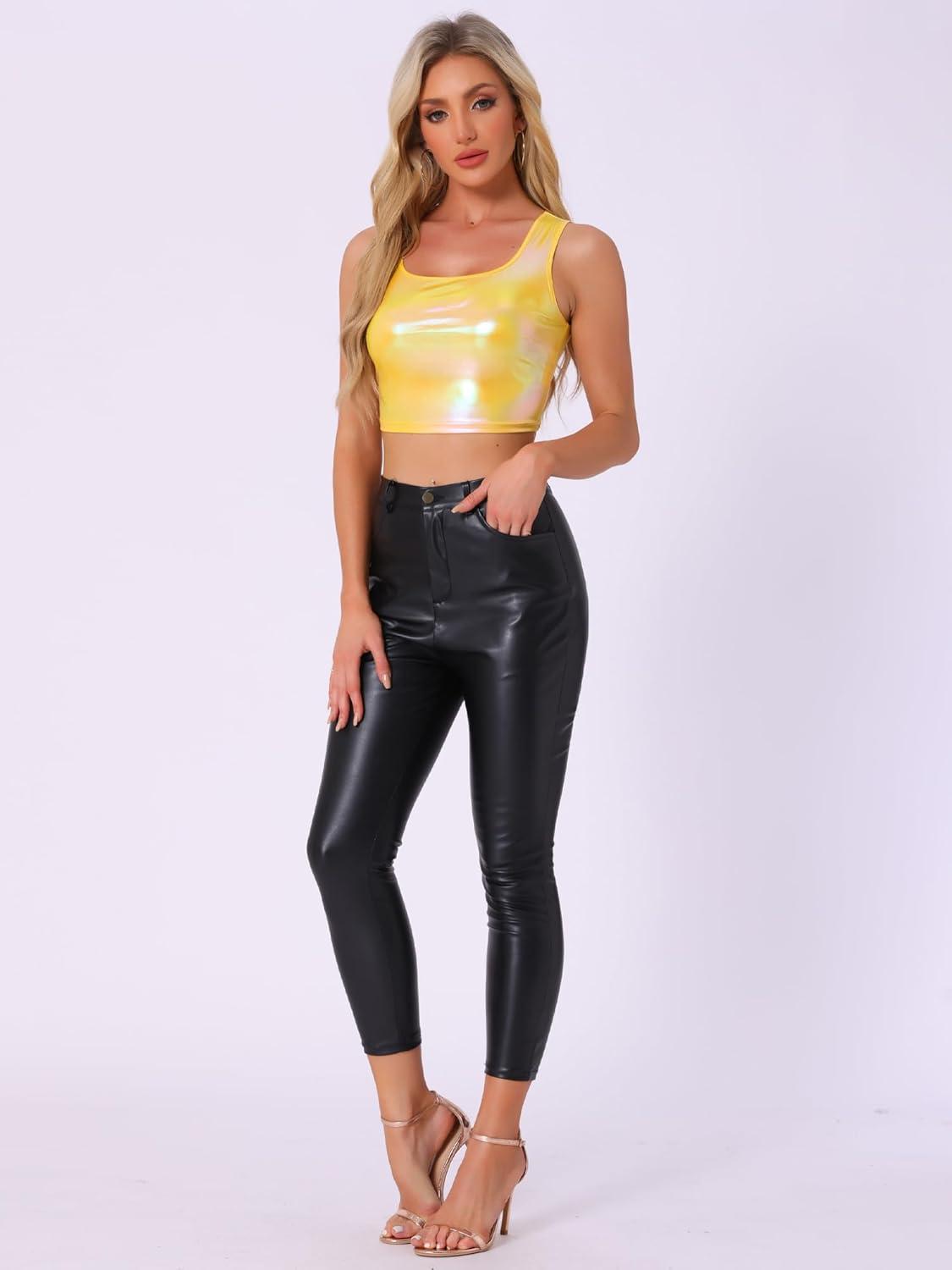 imageAllegra K Womens U Neck Sleeveless Halloween Party Clubwear Holographic Shiny Metallic Crop TopYellow