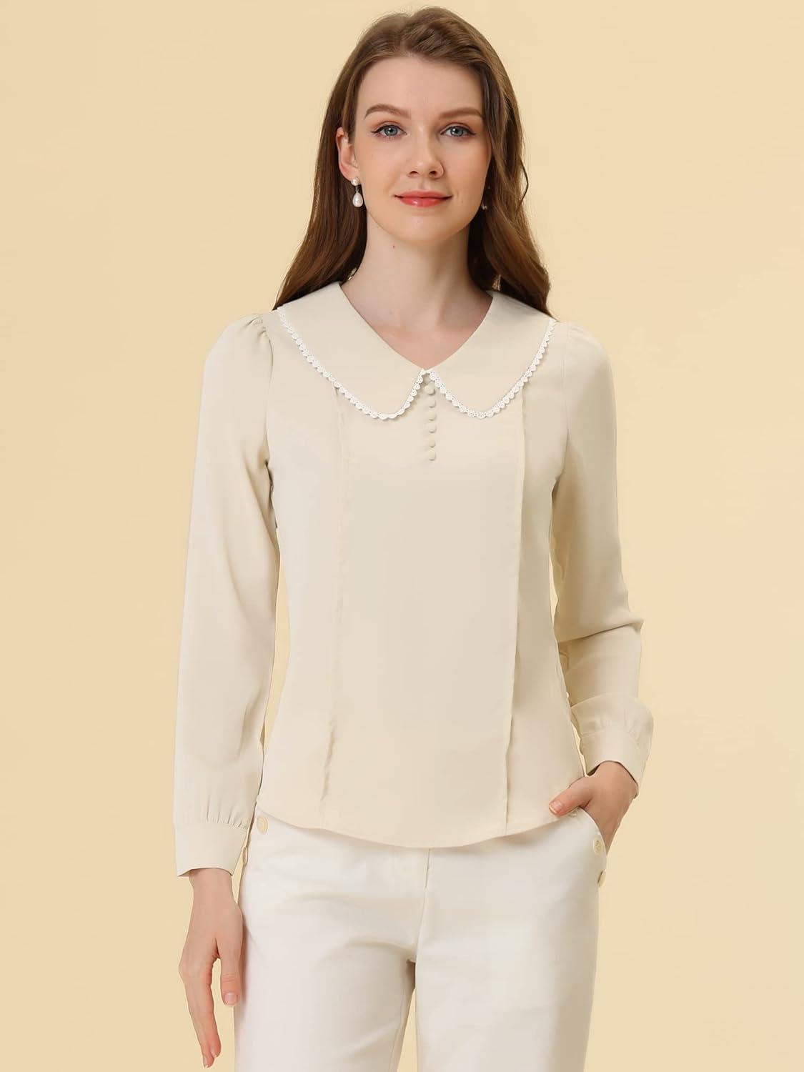 imageAllegra K Womens Vintage Peter Pan Collar Shirt Cute Lacy Trim Long Sleeve BlouseApricot
