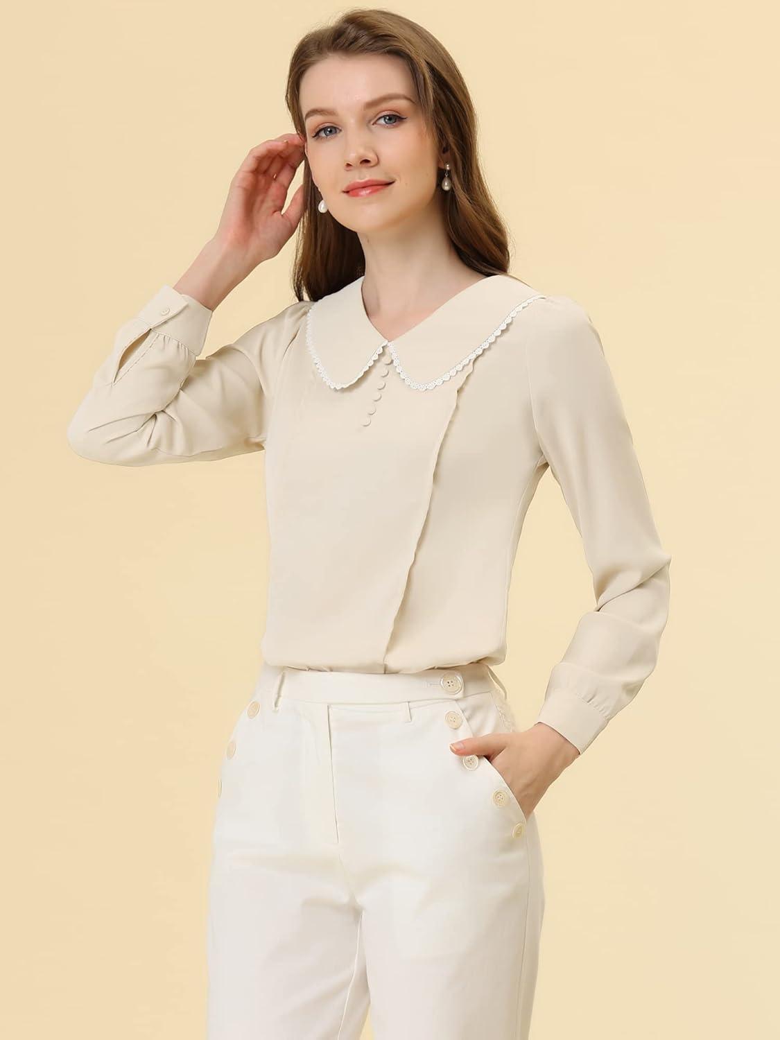 imageAllegra K Womens Vintage Peter Pan Collar Shirt Cute Lacy Trim Long Sleeve BlouseApricot