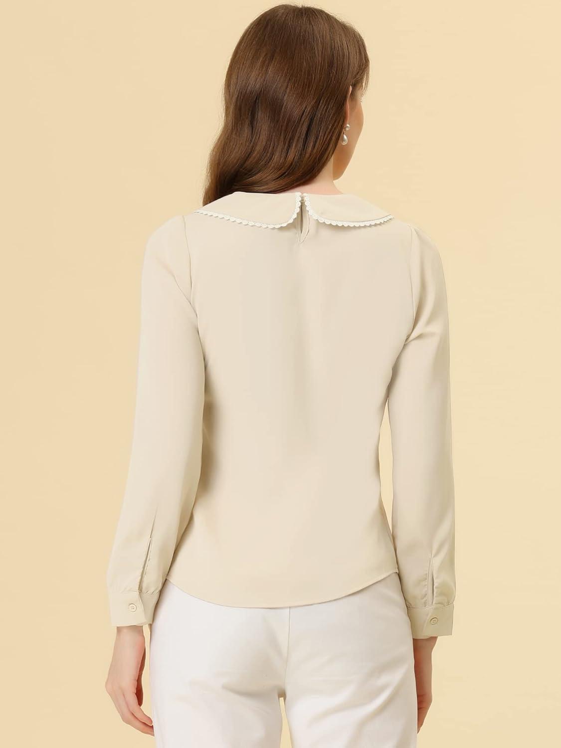 imageAllegra K Womens Vintage Peter Pan Collar Shirt Cute Lacy Trim Long Sleeve BlouseApricot