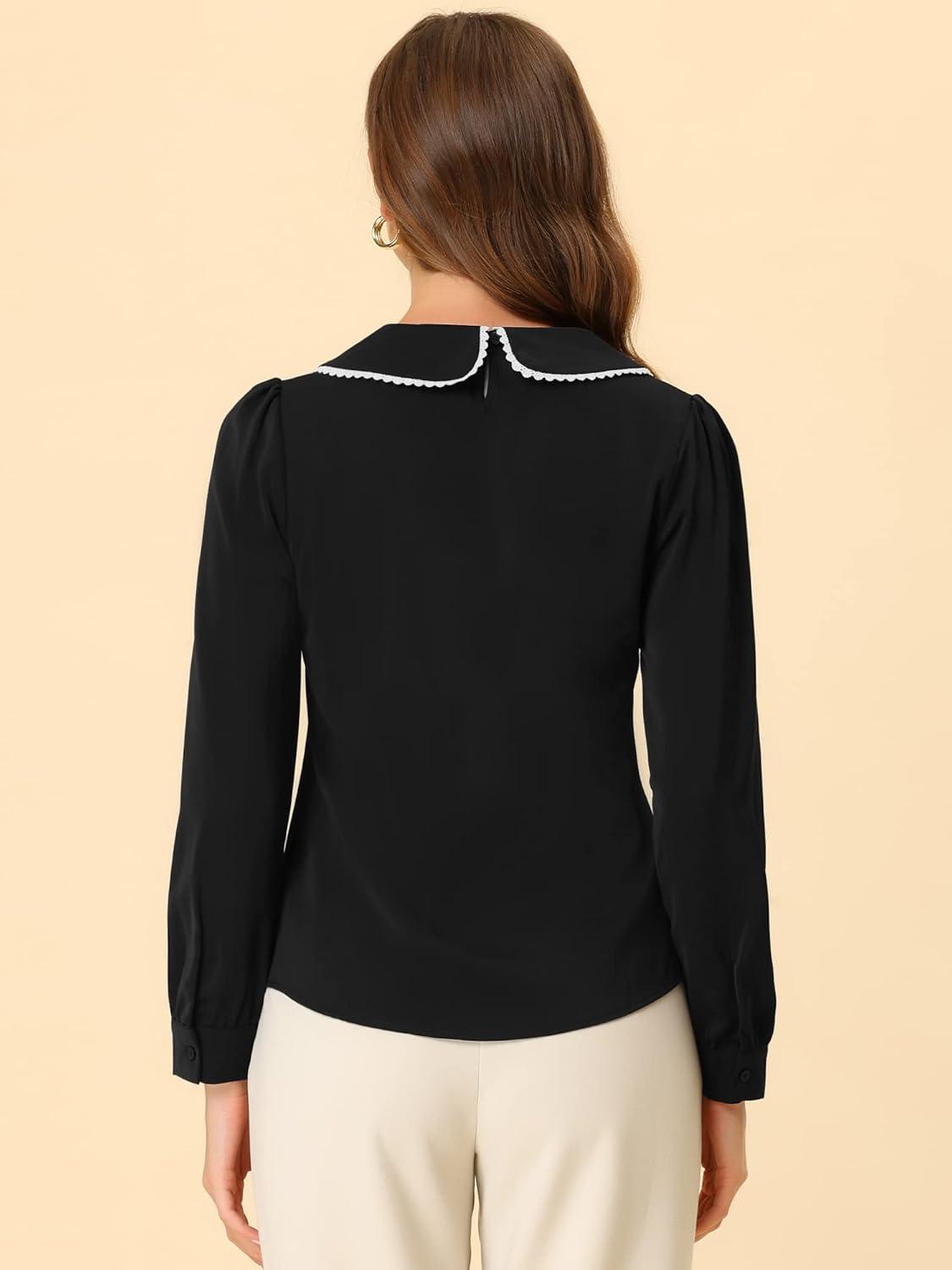 imageAllegra K Womens Vintage Peter Pan Collar Shirt Cute Lacy Trim Long Sleeve BlouseBlack