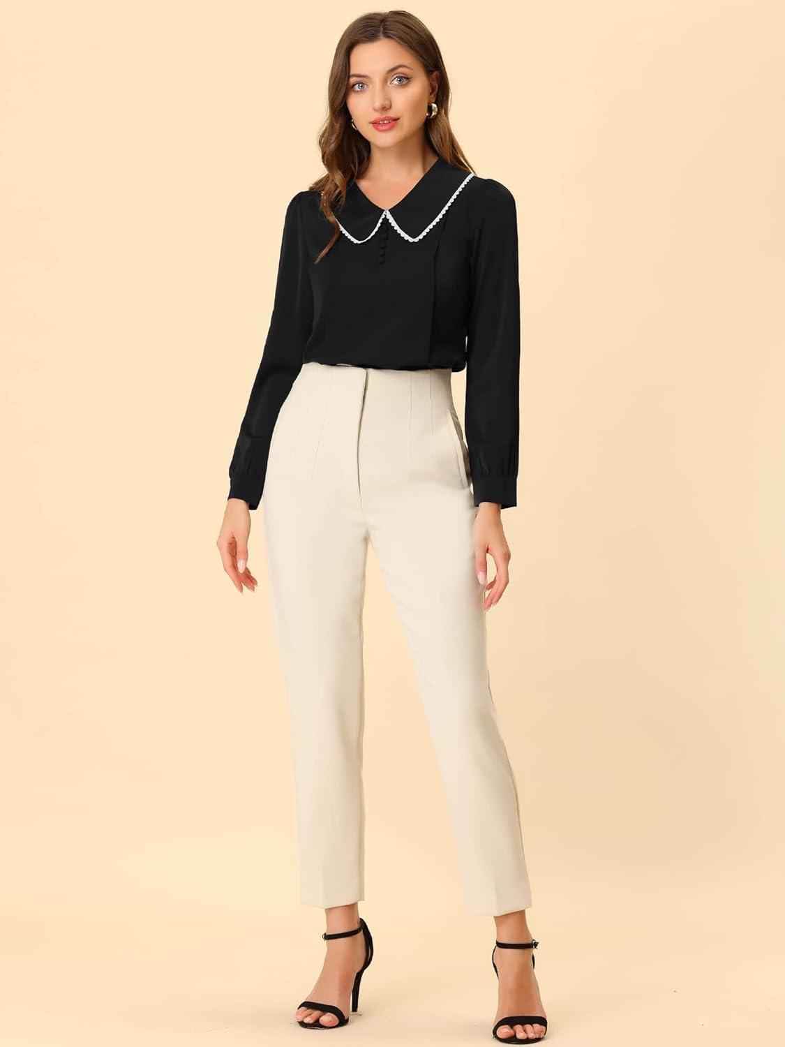 imageAllegra K Womens Vintage Peter Pan Collar Shirt Cute Lacy Trim Long Sleeve BlouseBlack
