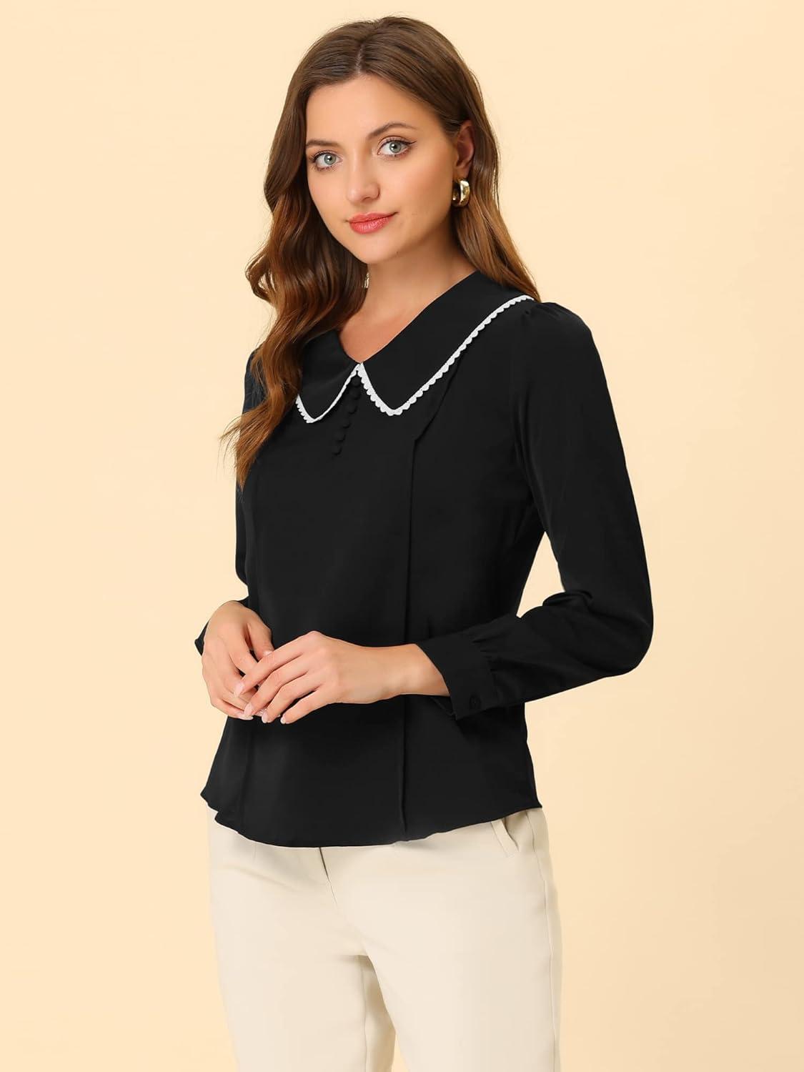 imageAllegra K Womens Vintage Peter Pan Collar Shirt Cute Lacy Trim Long Sleeve BlouseBlack