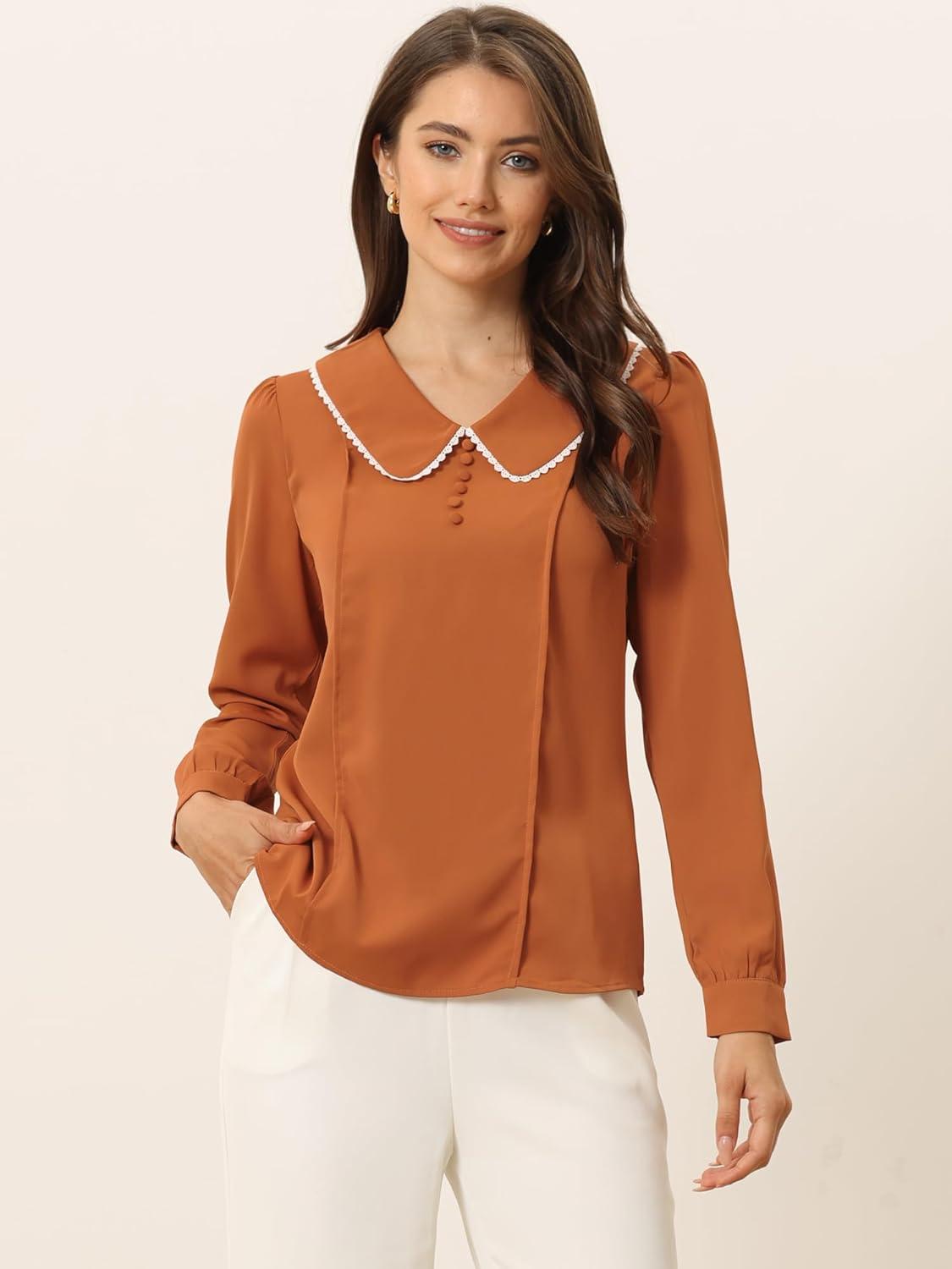 imageAllegra K Womens Vintage Peter Pan Collar Shirt Cute Lacy Trim Long Sleeve BlouseCaramel