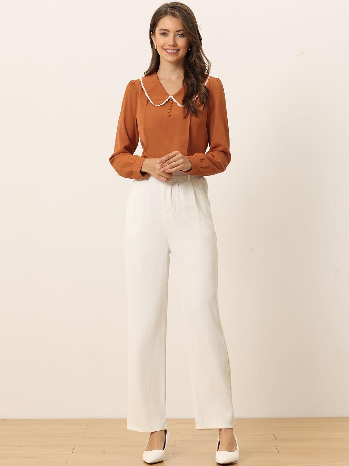 imageAllegra K Womens Vintage Peter Pan Collar Shirt Cute Lacy Trim Long Sleeve BlouseCaramel