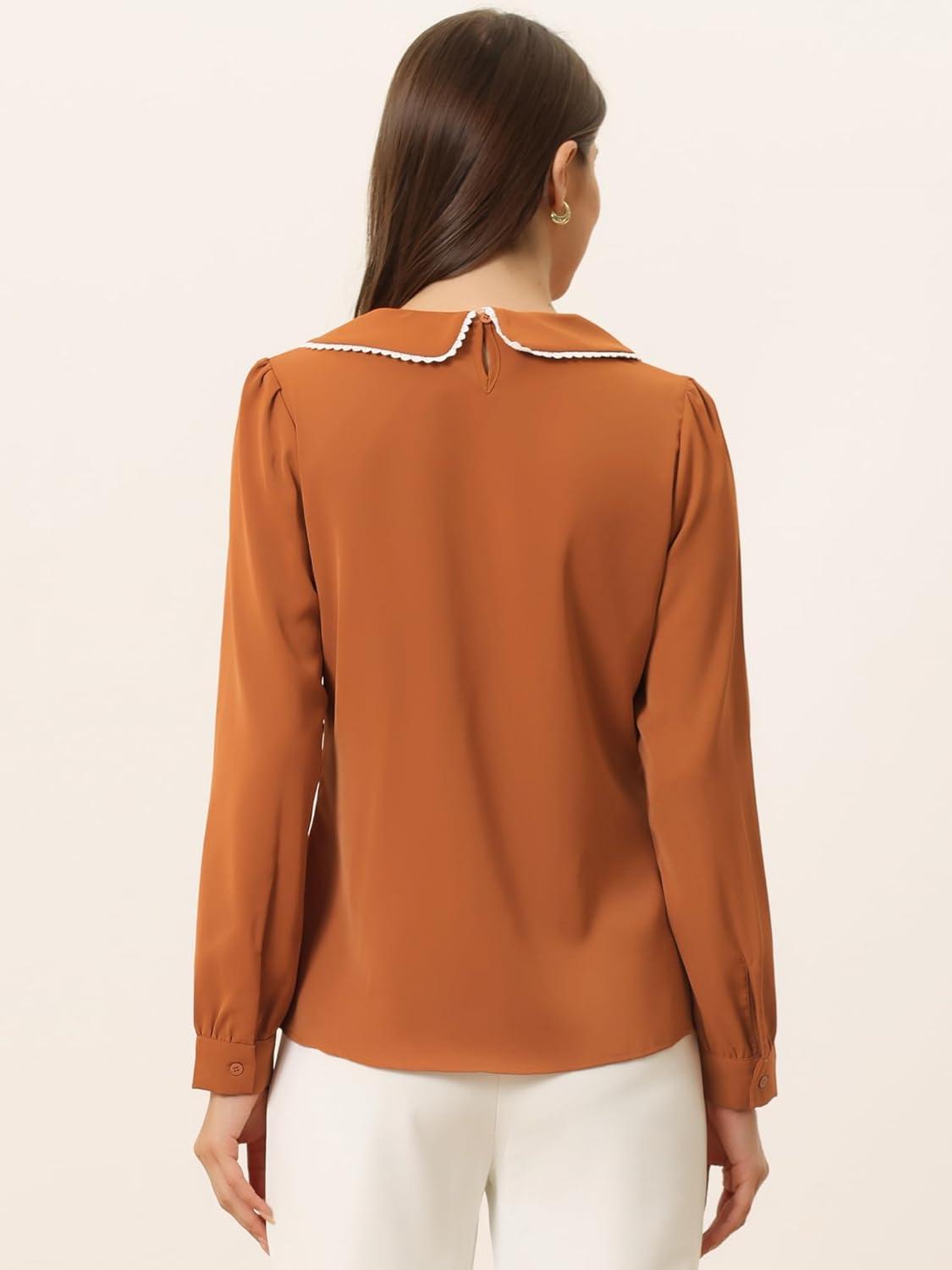 imageAllegra K Womens Vintage Peter Pan Collar Shirt Cute Lacy Trim Long Sleeve BlouseCaramel