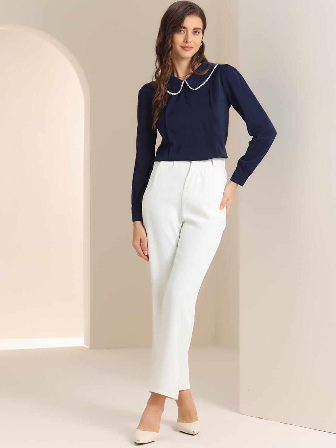 imageAllegra K Womens Vintage Peter Pan Collar Shirt Cute Lacy Trim Long Sleeve BlouseDark Blue