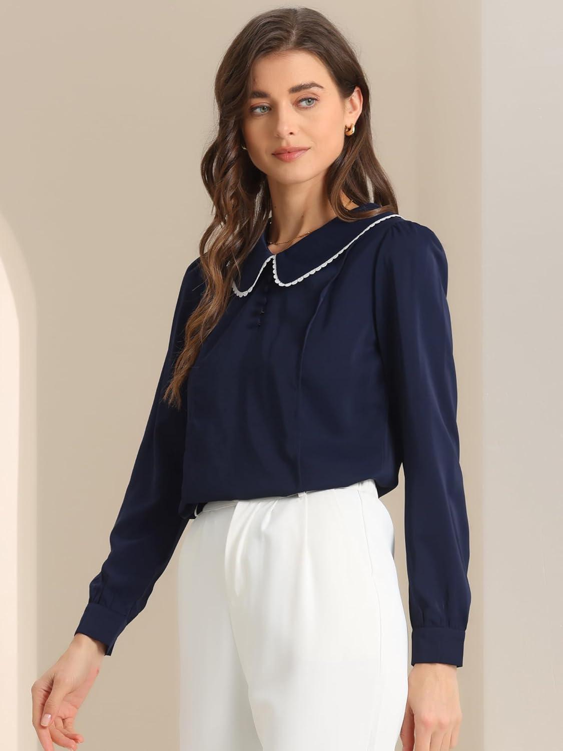 imageAllegra K Womens Vintage Peter Pan Collar Shirt Cute Lacy Trim Long Sleeve BlouseDark Blue