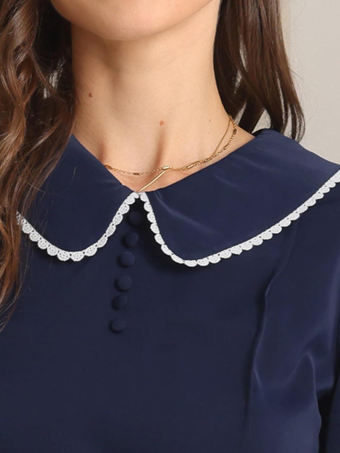 imageAllegra K Womens Vintage Peter Pan Collar Shirt Cute Lacy Trim Long Sleeve BlouseDark Blue