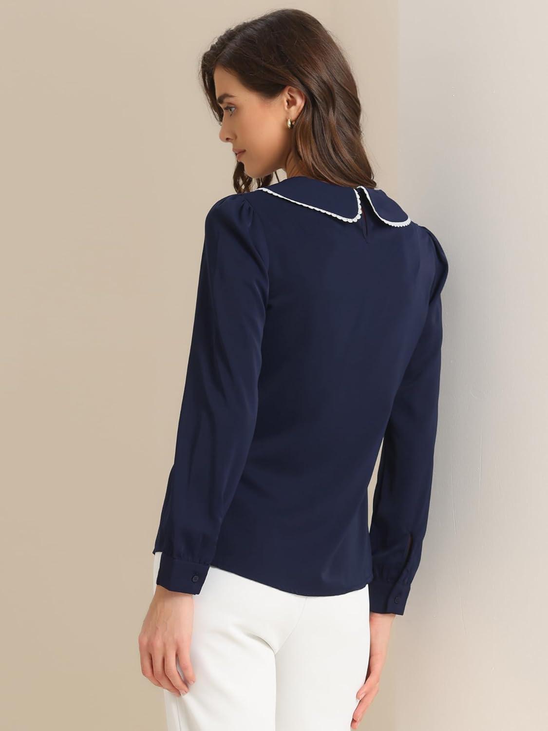 imageAllegra K Womens Vintage Peter Pan Collar Shirt Cute Lacy Trim Long Sleeve BlouseDark Blue