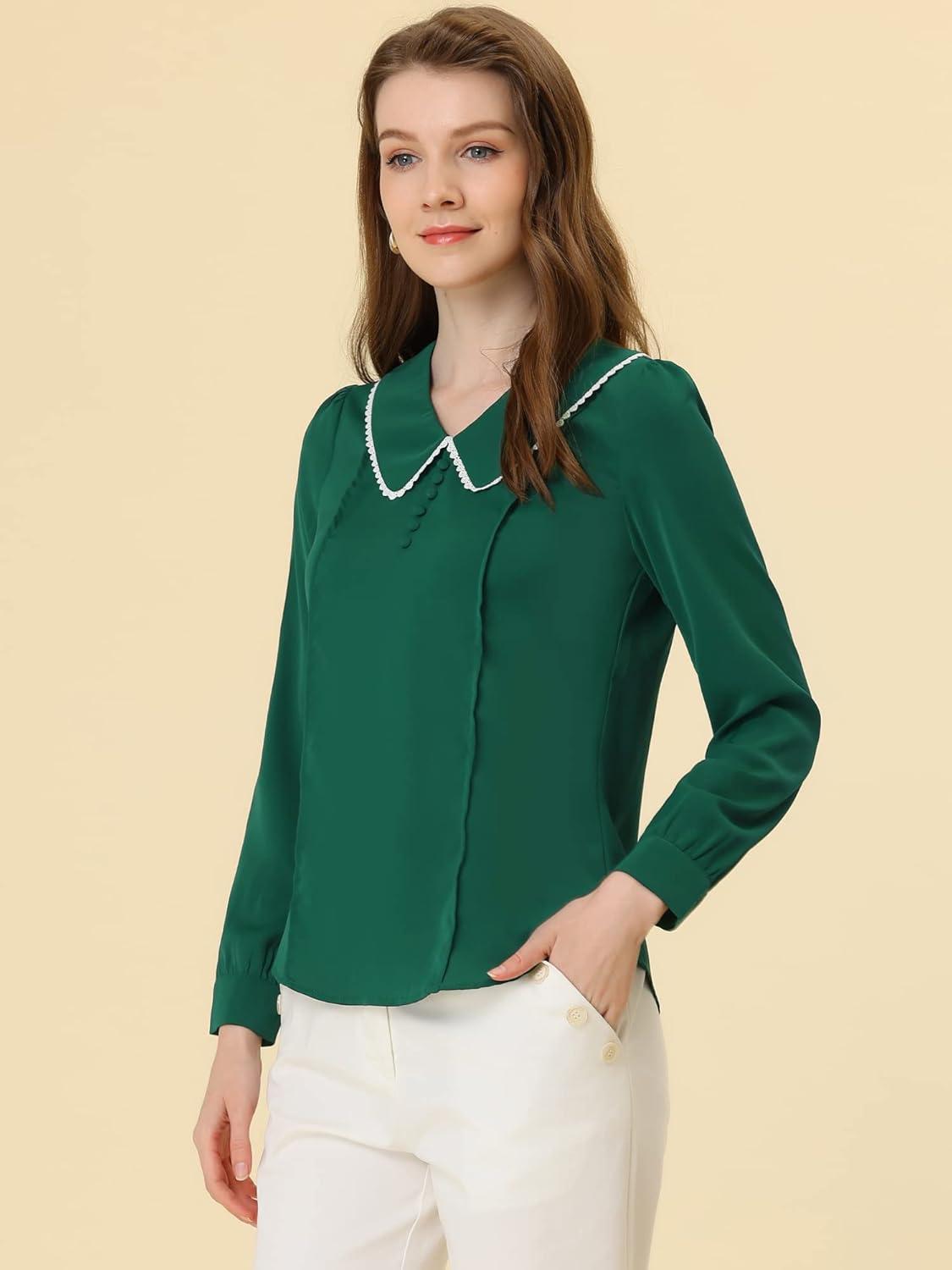 imageAllegra K Womens Vintage Peter Pan Collar Shirt Cute Lacy Trim Long Sleeve BlouseDark Green