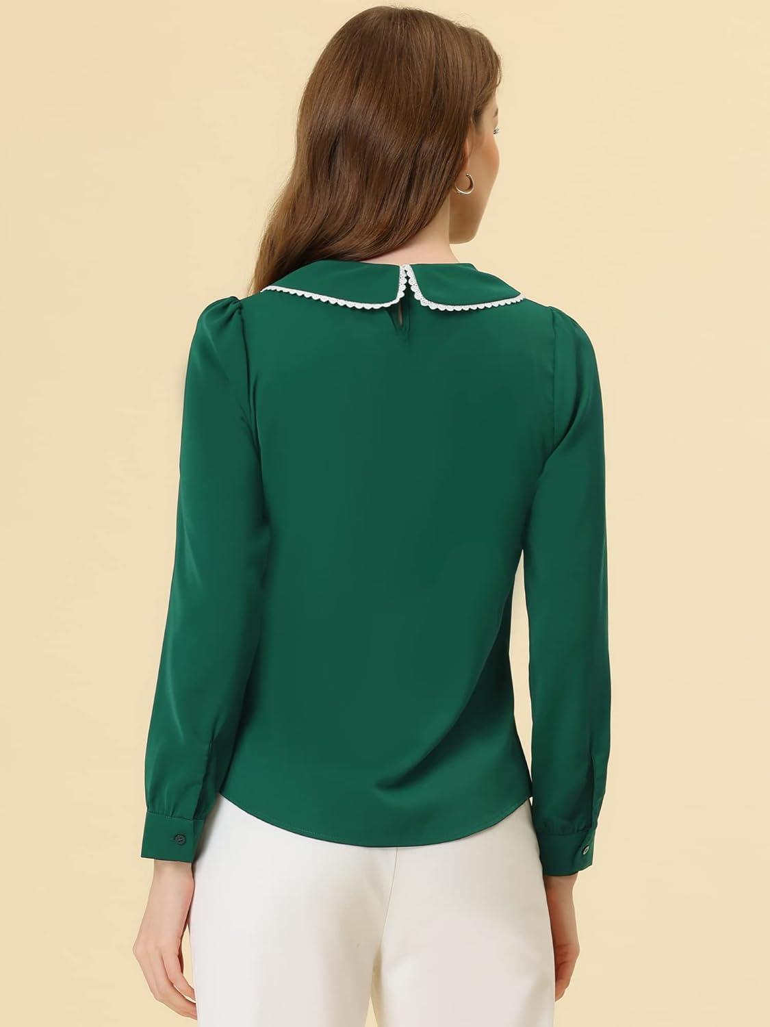 imageAllegra K Womens Vintage Peter Pan Collar Shirt Cute Lacy Trim Long Sleeve BlouseDark Green