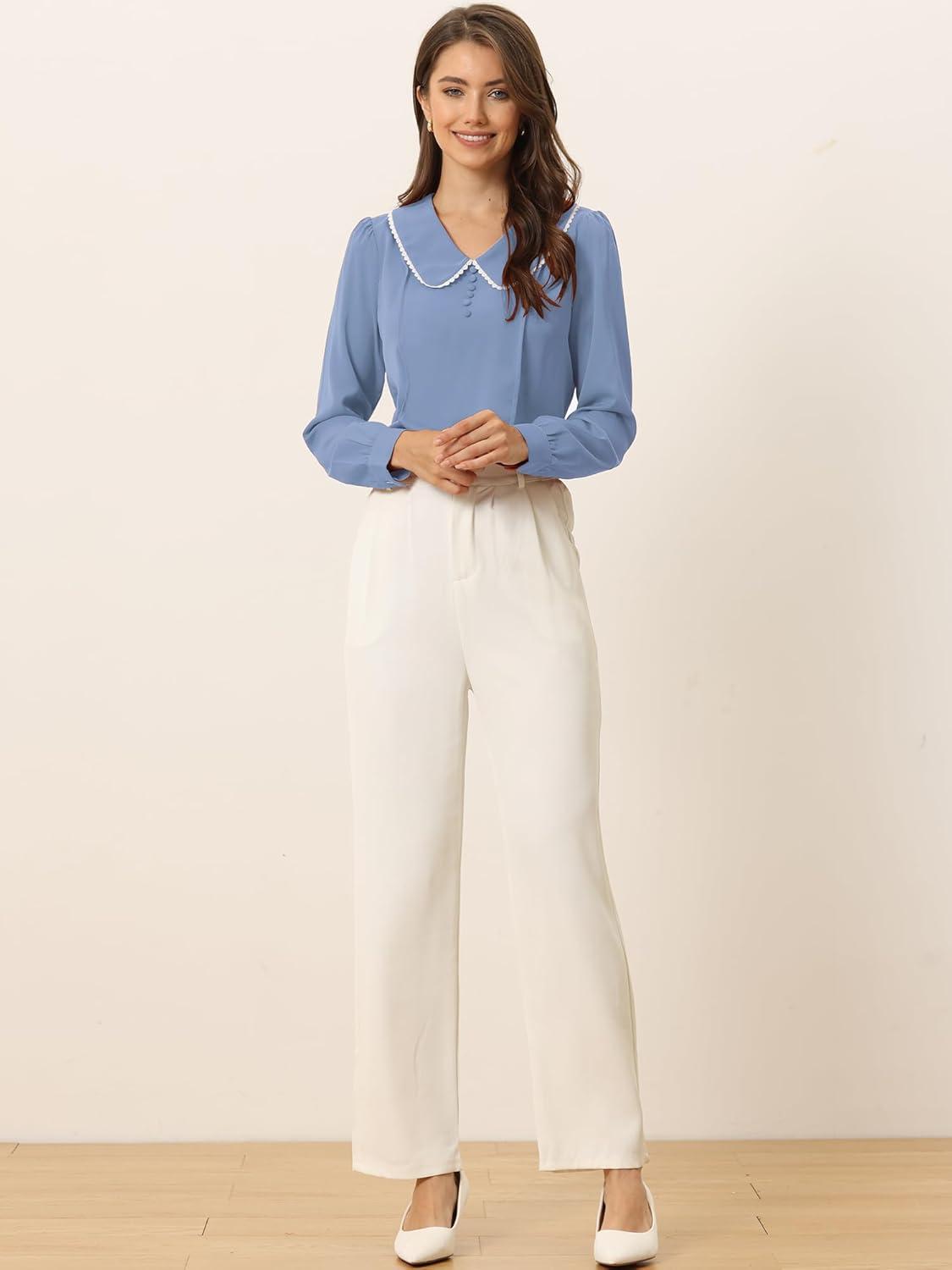 imageAllegra K Womens Vintage Peter Pan Collar Shirt Cute Lacy Trim Long Sleeve BlouseDusty Blue
