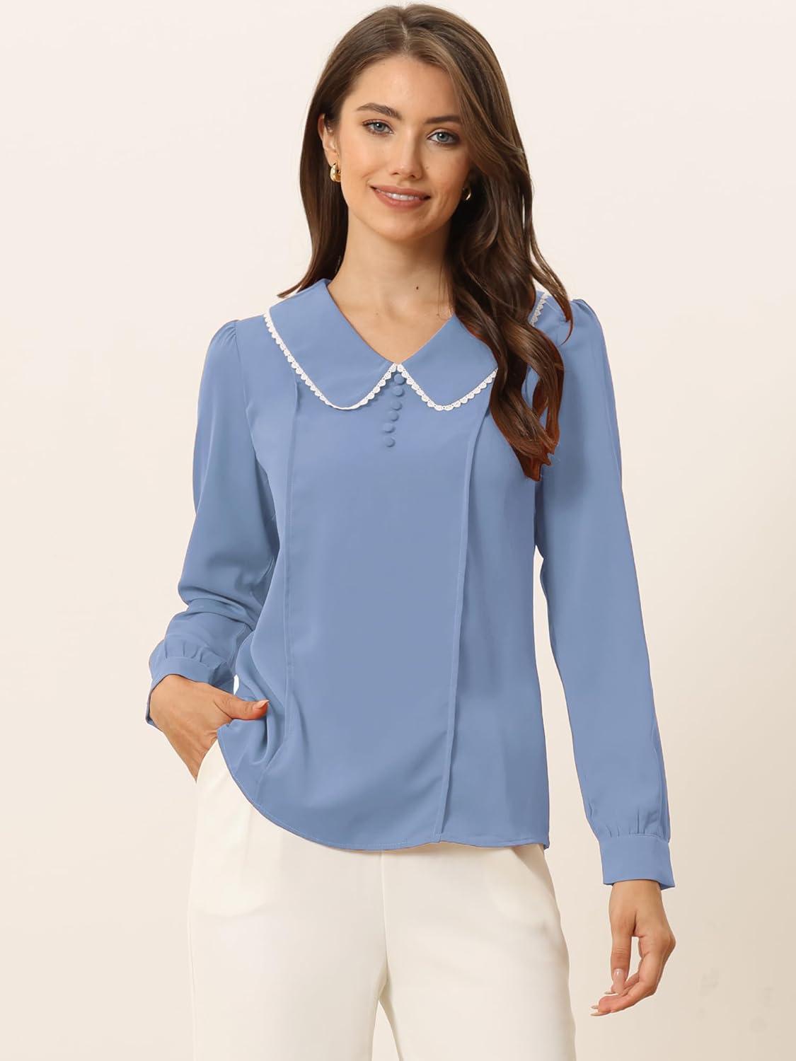 imageAllegra K Womens Vintage Peter Pan Collar Shirt Cute Lacy Trim Long Sleeve BlouseDusty Blue